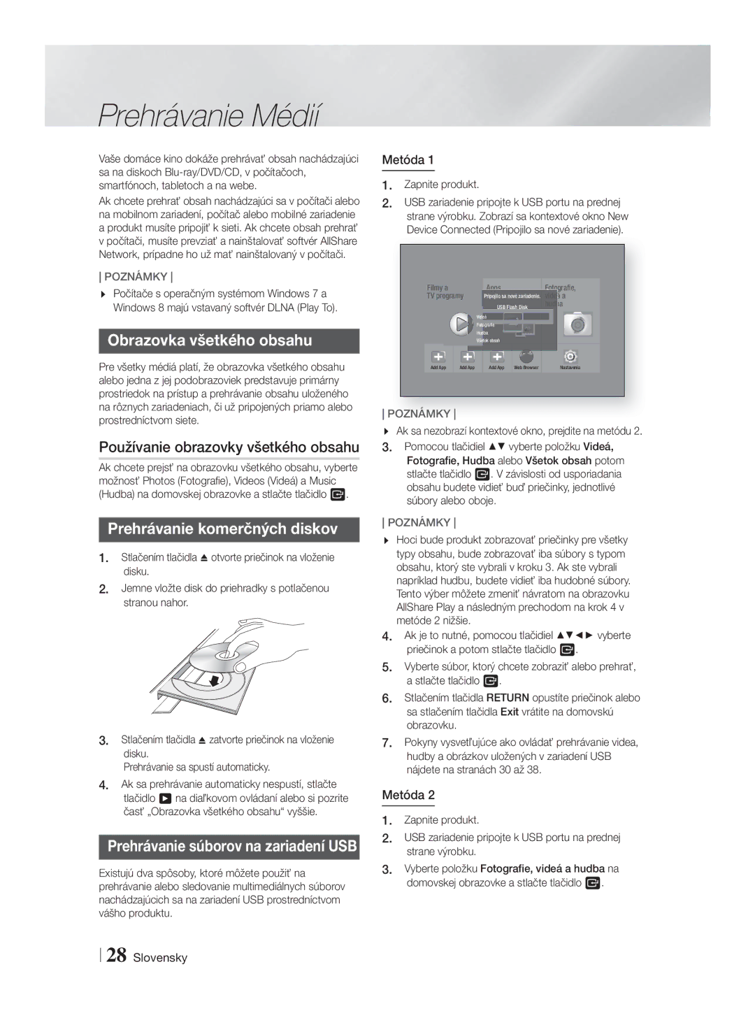 Samsung HT-F5200/EN manual Prehrávanie Médií, Obrazovka všetkého obsahu, Používanie obrazovky všetkého obsahu, Metóda 