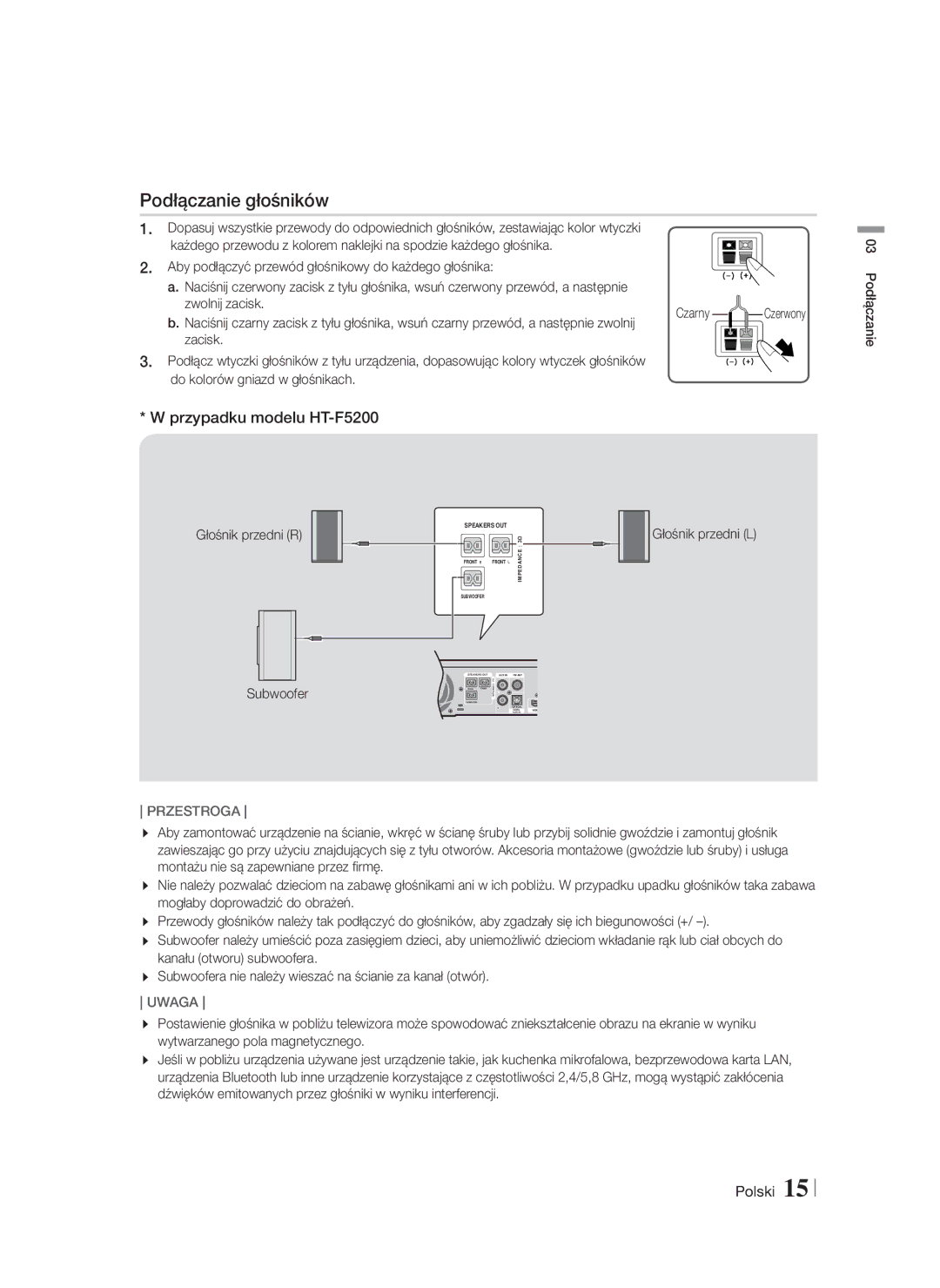 Samsung HT-F5200/EN manual Podłączanie głośników, Przypadku modelu HT-F5200, Głośnik przedni R Subwoofer, Głośnik przedni L 