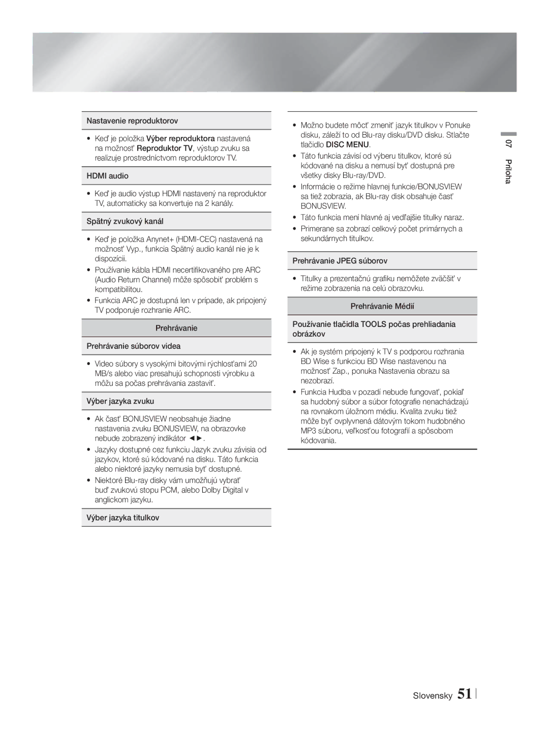 Samsung HT-F5200/EN manual Nastavenie reproduktorov, Výber jazyka zvuku 