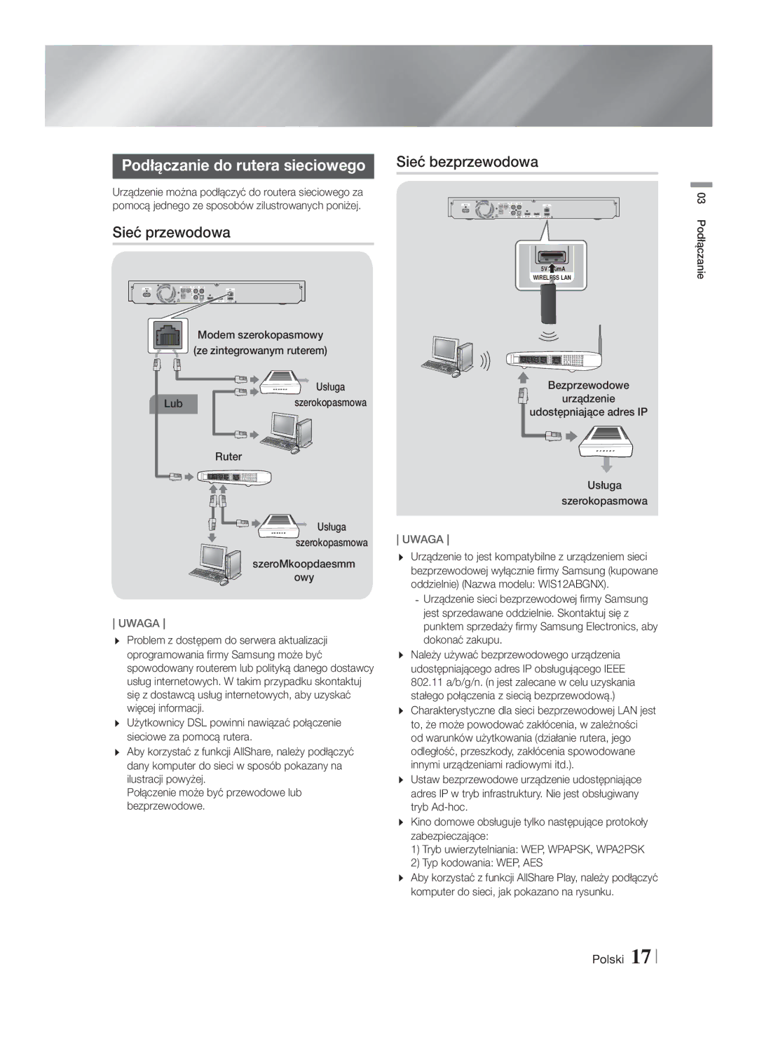 Samsung HT-F5200/EN manual Sieć przewodowa 