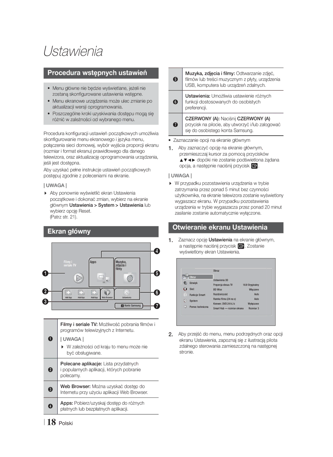 Samsung HT-F5200/EN manual Procedura wstępnych ustawień, Ekran główny, Otwieranie ekranu Ustawienia 