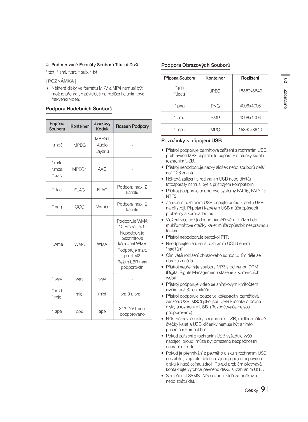 Samsung HT-F5200/EN manual Podpora Hudebních Souborů, Podpora Obrazových Souborů, Poznámky k připojení USB, Jpeg 