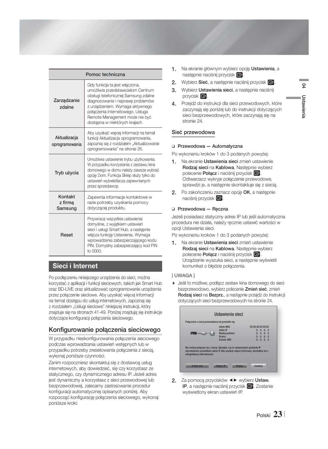 Samsung HT-F5200/EN manual Sieci i Internet, Konfigurowanie połączenia sieciowego, Sieć przewodowa 