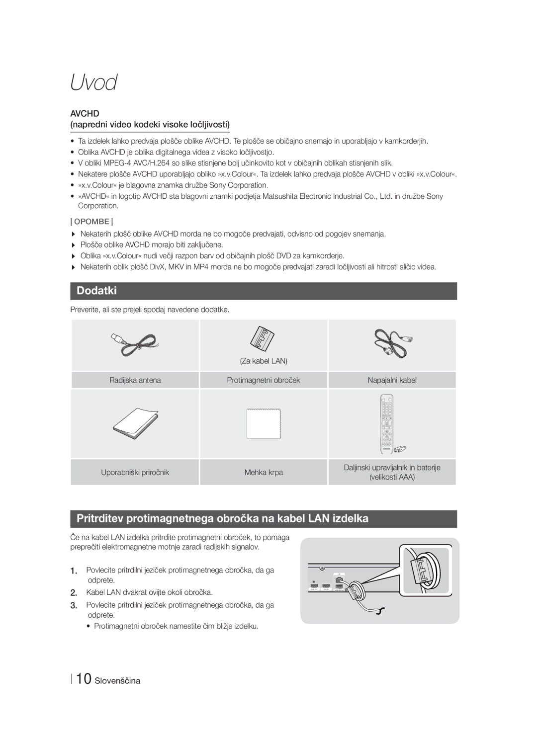 Samsung HT-F5200/EN manual Dodatki, Pritrditev protimagnetnega obročka na kabel LAN izdelka 