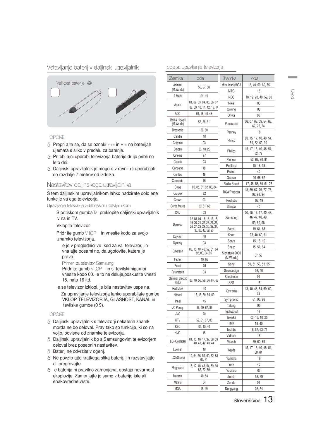 Samsung HT-F5200/EN manual Vstavljanje baterij v daljinski upravljalnik, Nastavitev daljinskega upravljalnika, Znamka Koda 