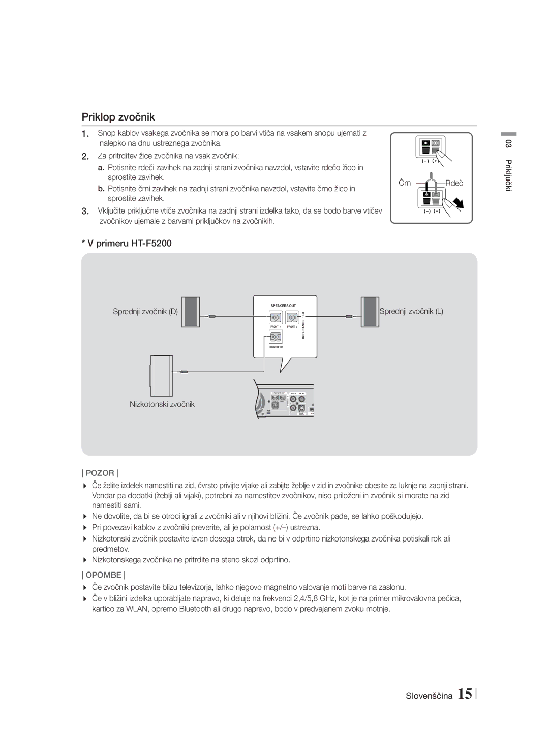 Samsung HT-F5200/EN manual Priklop zvočnik, Primeru HT-F5200, Sprednji zvočnik D Nizkotonski zvočnik, Sprednji zvočnik L 