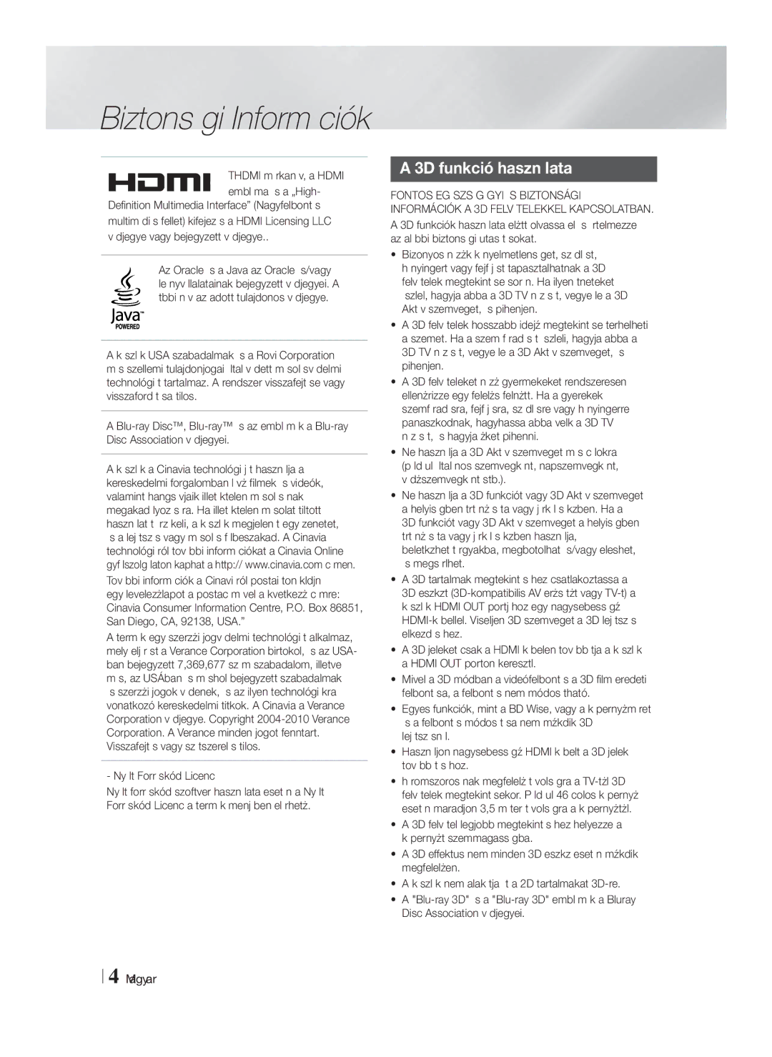 Samsung HT-F5200/EN manual 3D funkció használata, Nyílt Forráskódú Licenc 