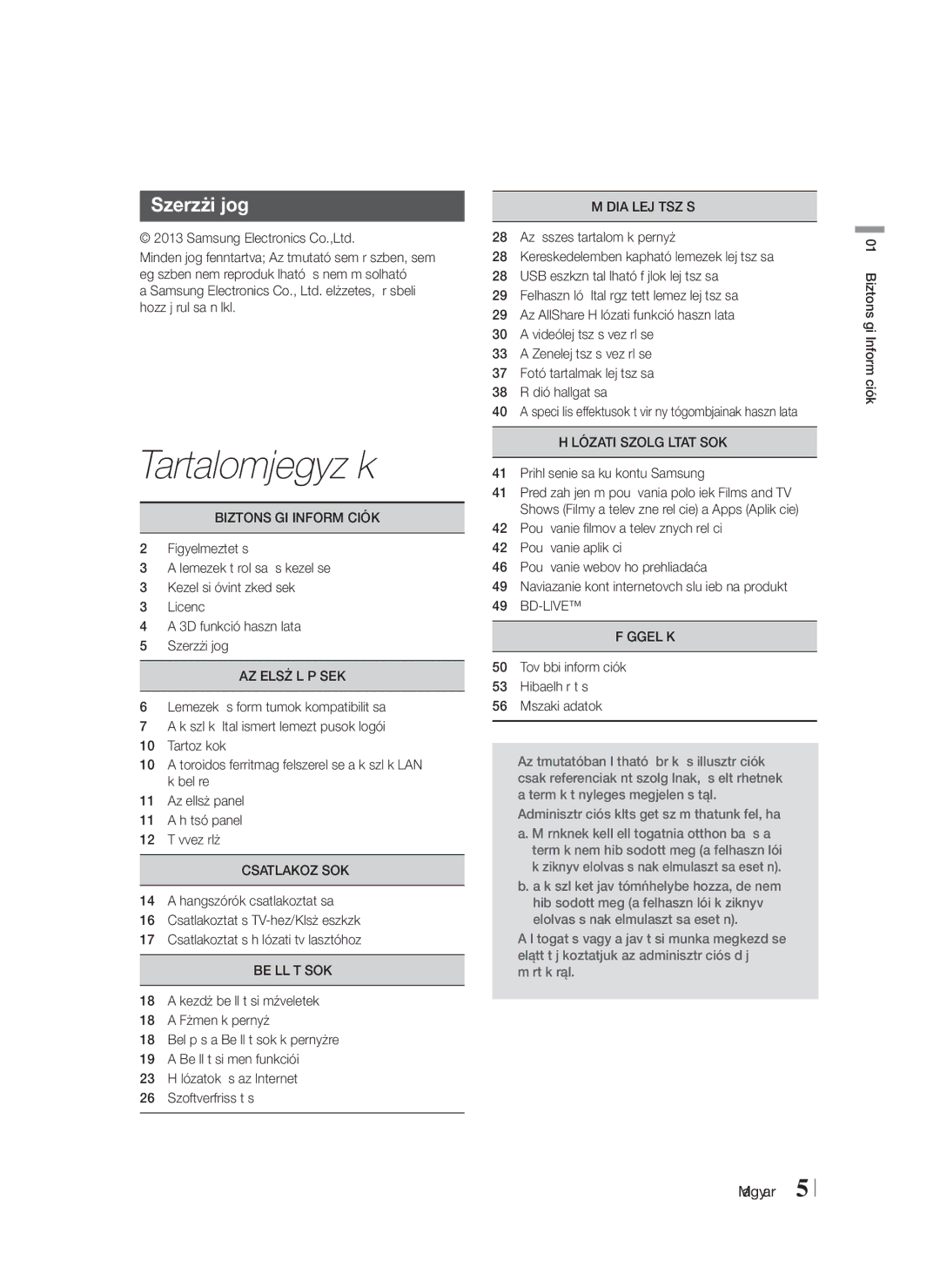 Samsung HT-F5200/EN manual Tartalomjegyzék, Szerzői jog 