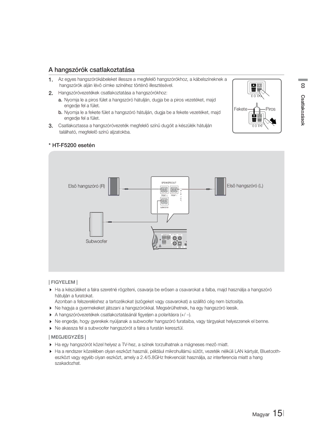 Samsung HT-F5200/EN manual Hangszórók csatlakoztatása, HT-F5200 esetén, Első hangszóró R Subwoofer, Első hangszóró L 