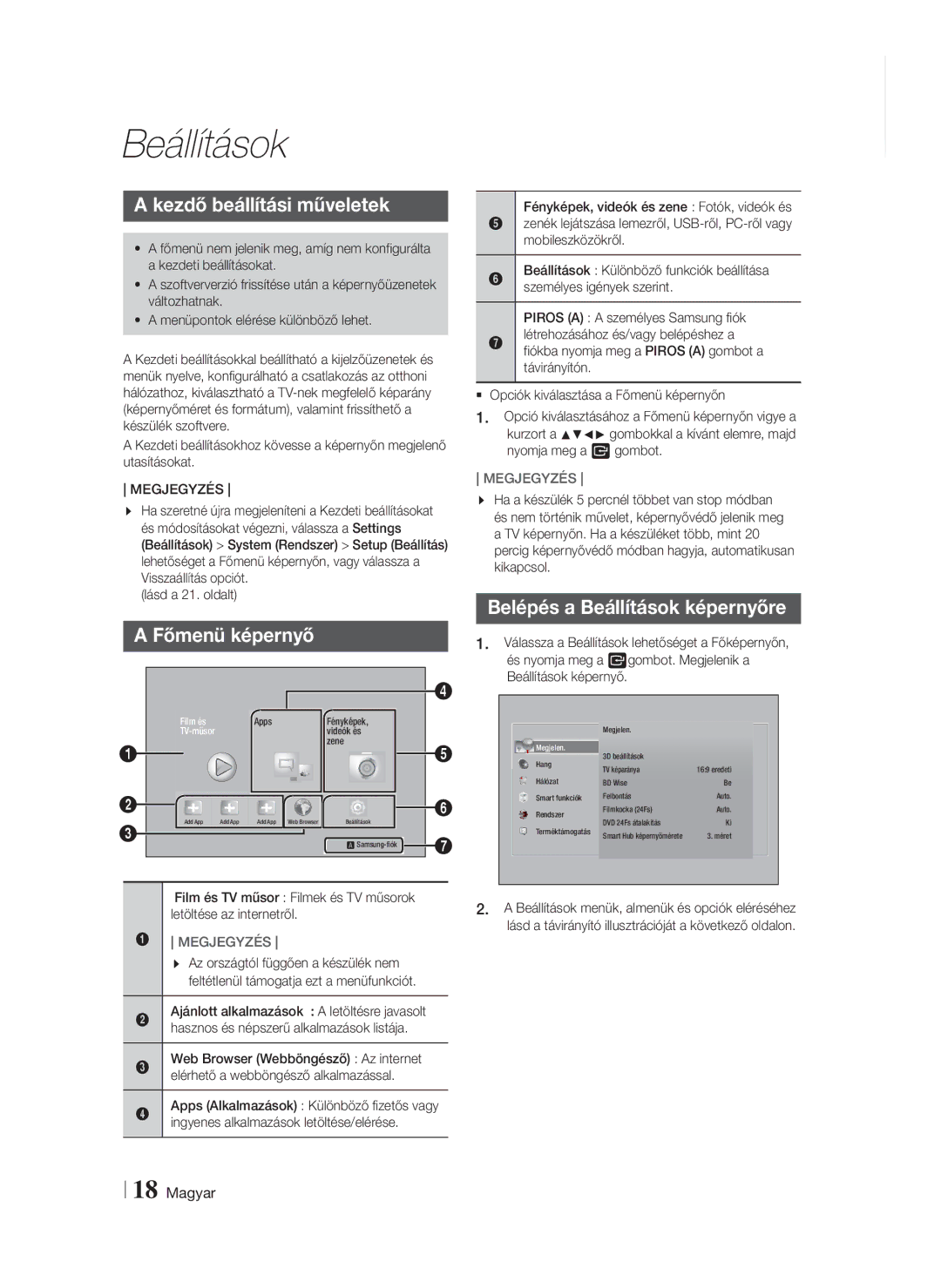 Samsung HT-F5200/EN manual Kezdő beállítási műveletek, Főmenü képernyő, Belépés a Beállítások képernyőre, Megjegyzés 