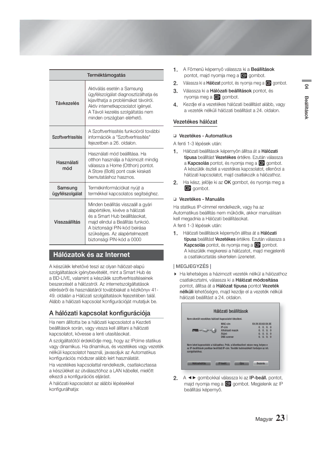 Samsung HT-F5200/EN manual Hálózatok és az Internet, Hálózati kapcsolat konfigurációja, Vezetékes hálózat 