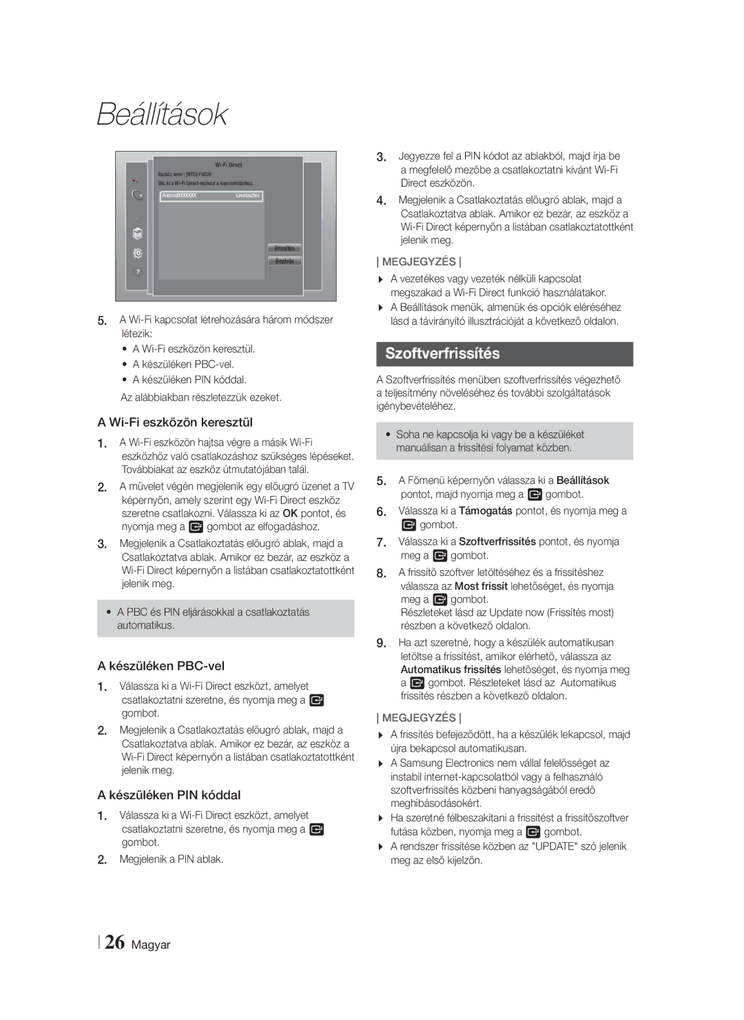 Samsung HT-F5200/EN manual Szoftverfrissítés, Wi-Fi eszközön keresztül, Készüléken PBC-vel, Készüléken PIN kóddal 