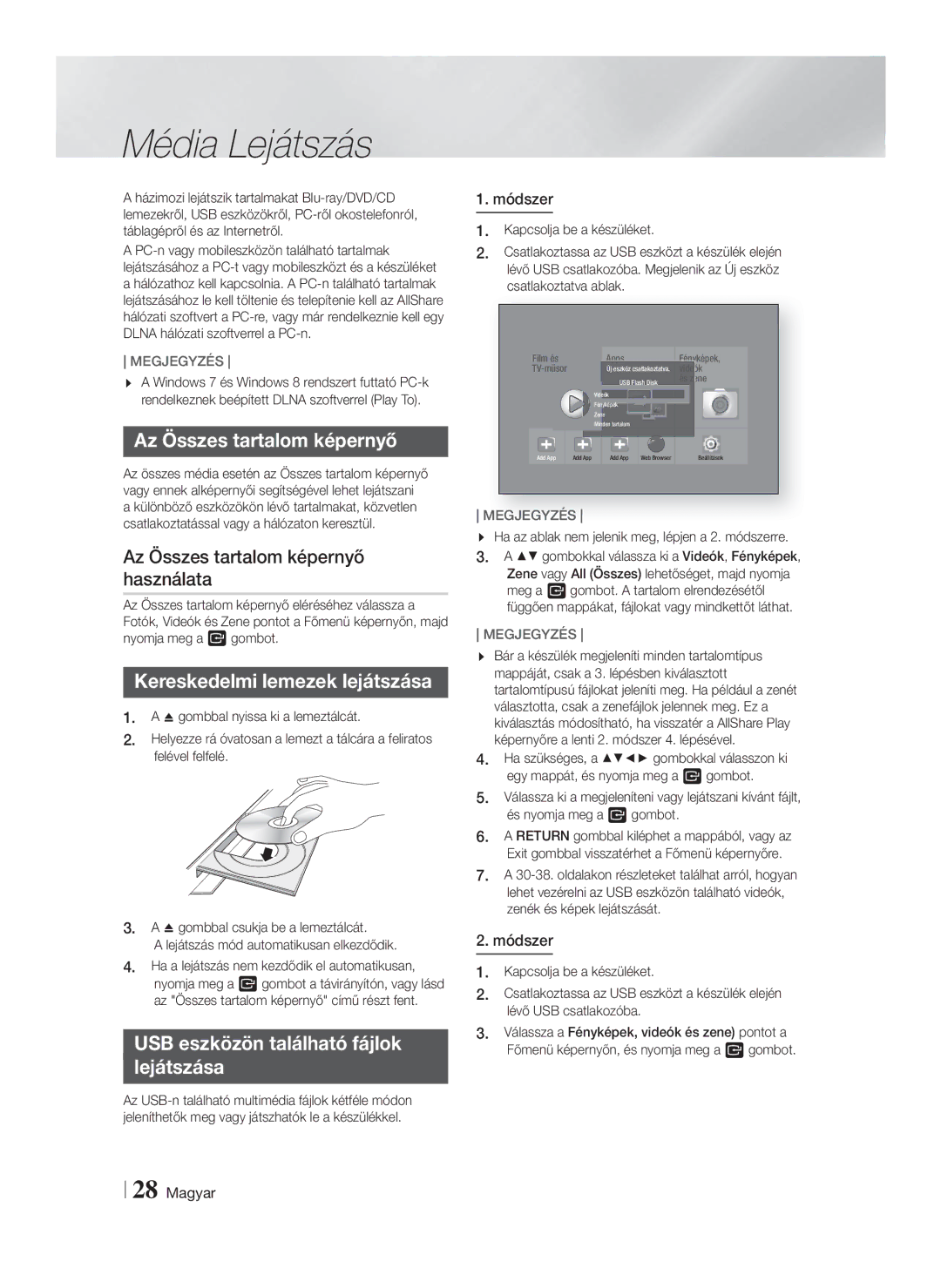 Samsung HT-F5200/EN manual Média Lejátszás, Az Összes tartalom képernyő használata, Kereskedelmi lemezek lejátszása 