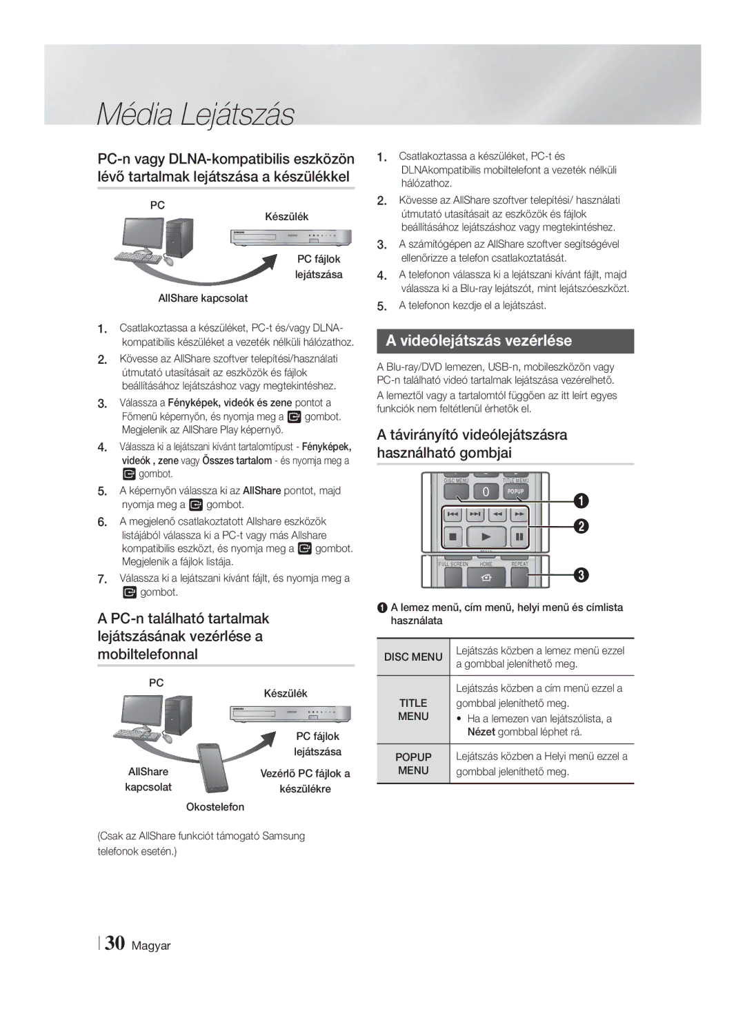 Samsung HT-F5200/EN manual Videólejátszás vezérlése, Távirányító videólejátszásra használható gombjai 