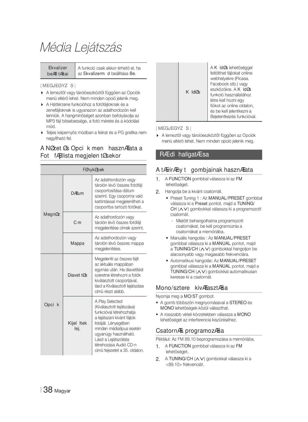 Samsung HT-F5200/EN Rádió hallgatása, Távirányító gombjainak használata, Mono/sztereó kiválasztása, Csatornák programozása 