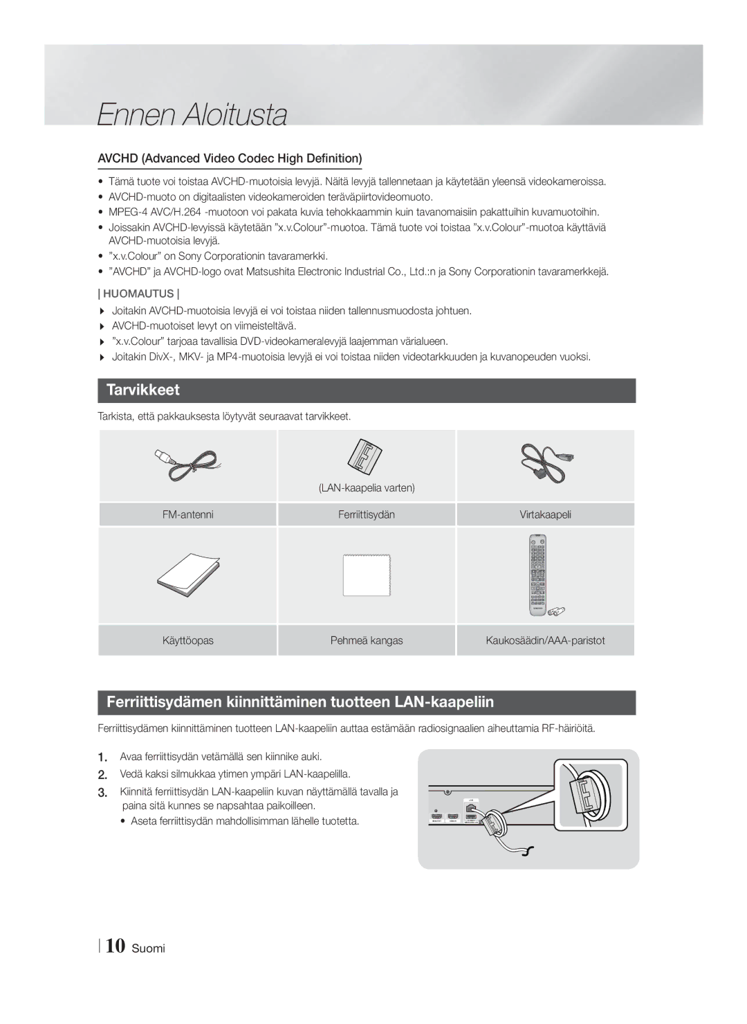 Samsung HT-F5200/XE, HT-FS5200/XE manual Tarvikkeet, Ferriittisydämen kiinnittäminen tuotteen LAN-kaapeliin 