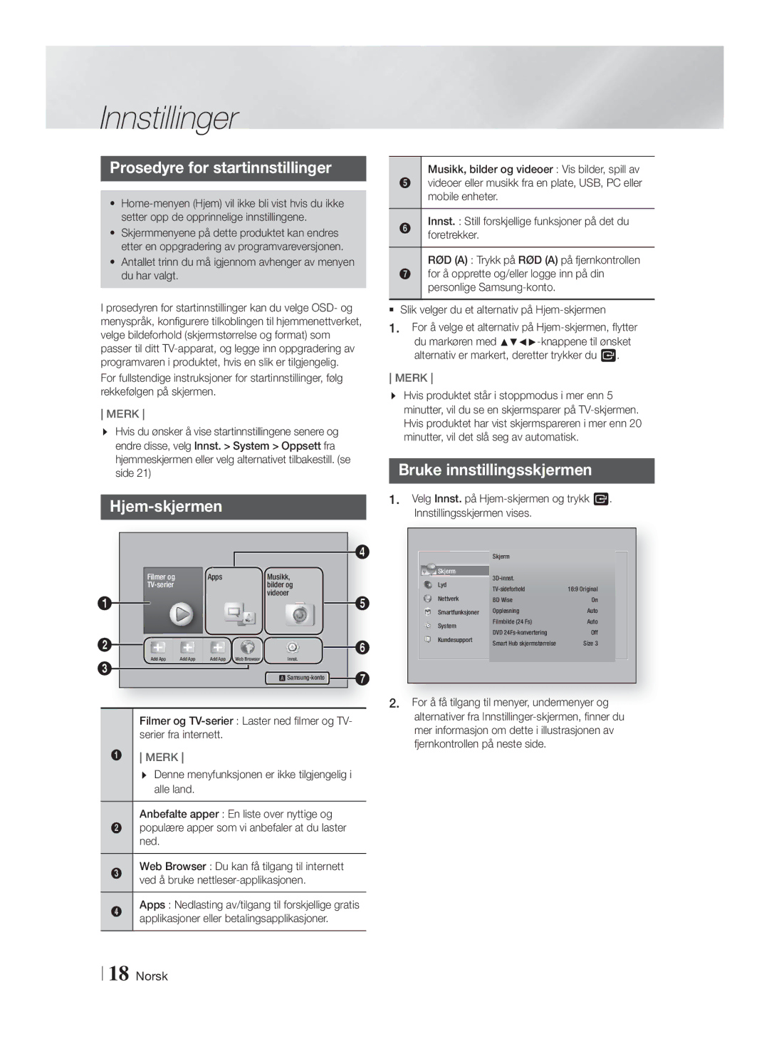 Samsung HT-F5200/XE manual Innstillinger, Prosedyre for startinnstillinger, Hjem-skjermen, Bruke innstillingsskjermen 