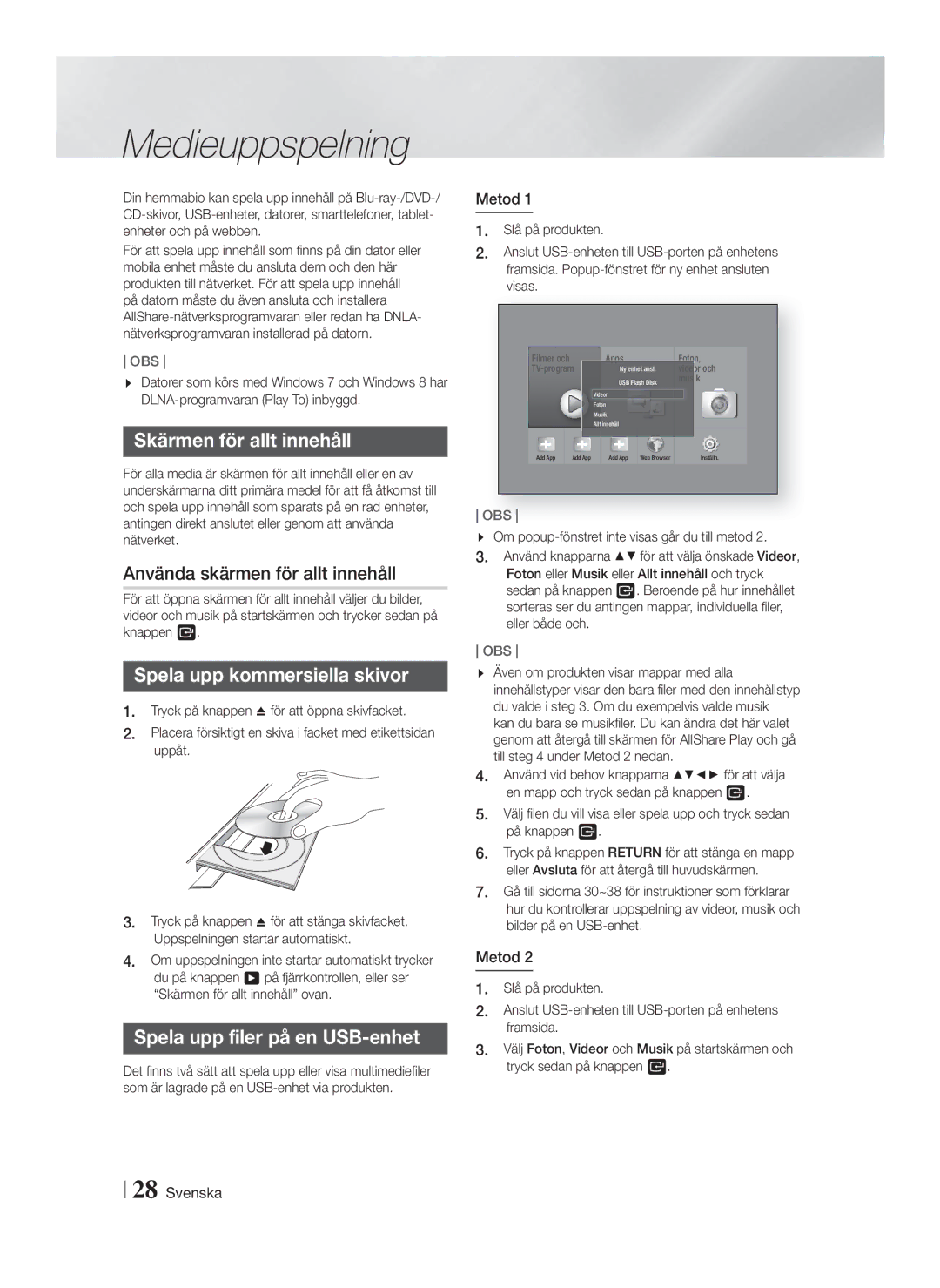 Samsung HT-F5200/XE, HT-FS5200/XE manual Medieuppspelning, Skärmen för allt innehåll, Använda skärmen för allt innehåll 