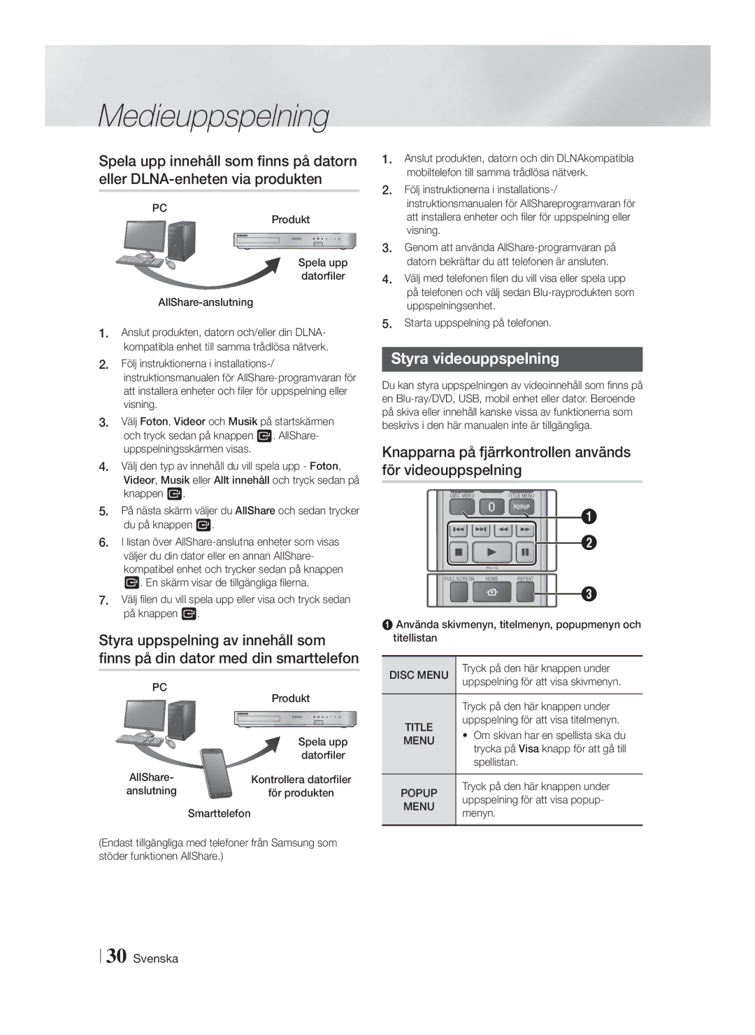 Samsung HT-F5200/XE manual Styra videouppspelning, Knapparna på fjärrkontrollen används för videouppspelning, Disc Menu 