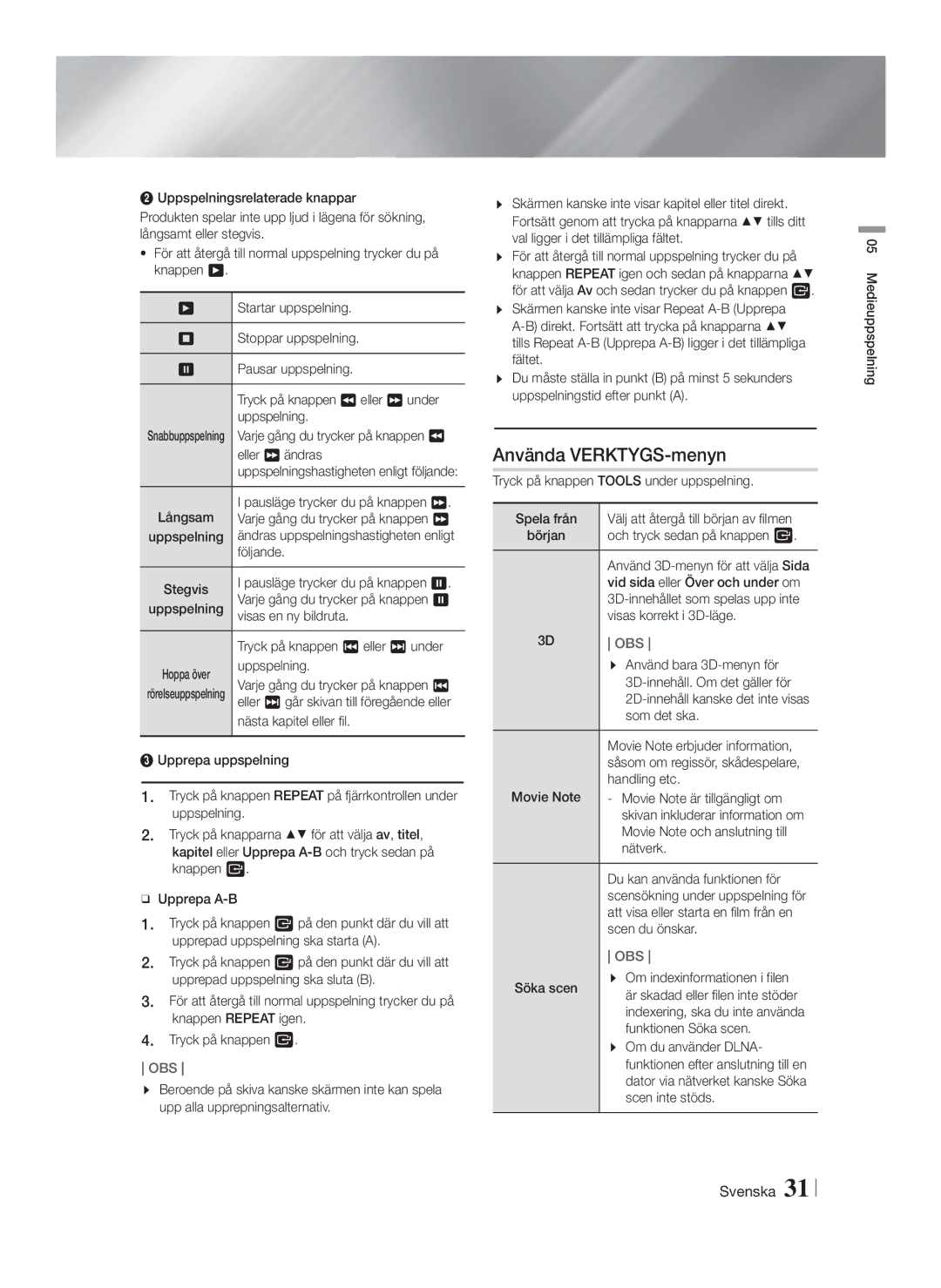 Samsung HT-FS5200/XE, HT-F5200/XE manual Använda VERKTYGS-menyn 