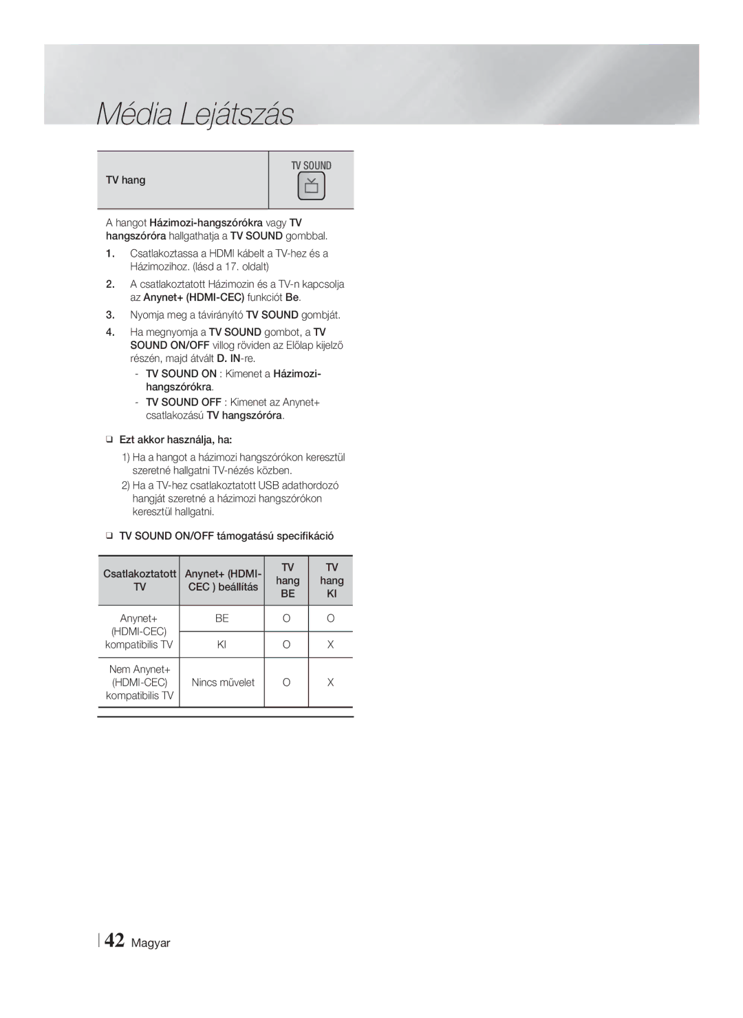 Samsung HT-F5500/EN, HT-F5530/EN, HT-F5550/EN manual TV hang, Ezt akkor használja, ha 