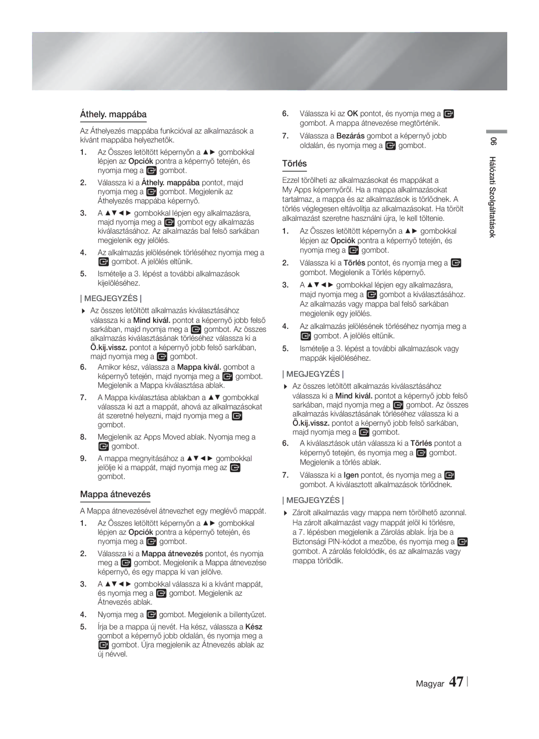 Samsung HT-F5550/EN, HT-F5500/EN, HT-F5530/EN manual Áthely. mappába, Mappa átnevezés, Törlés 