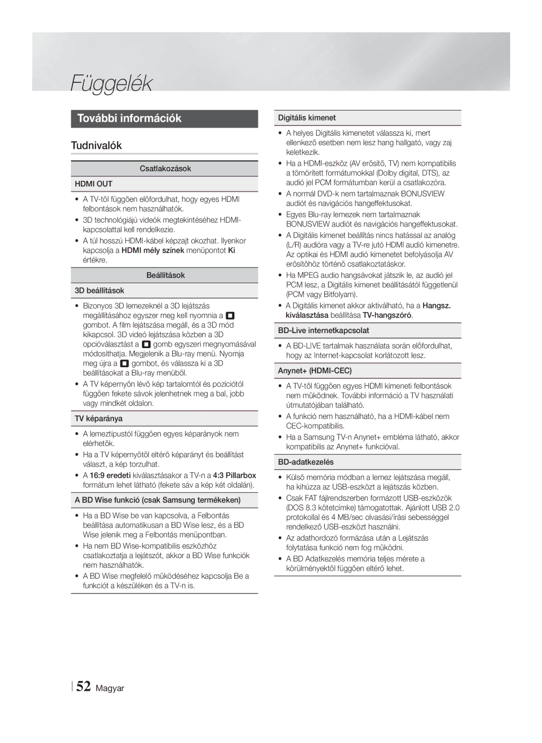 Samsung HT-F5530/EN, HT-F5500/EN manual Függelék, További információk, Tudnivalók, BD Wise funkció csak Samsung termékeken 