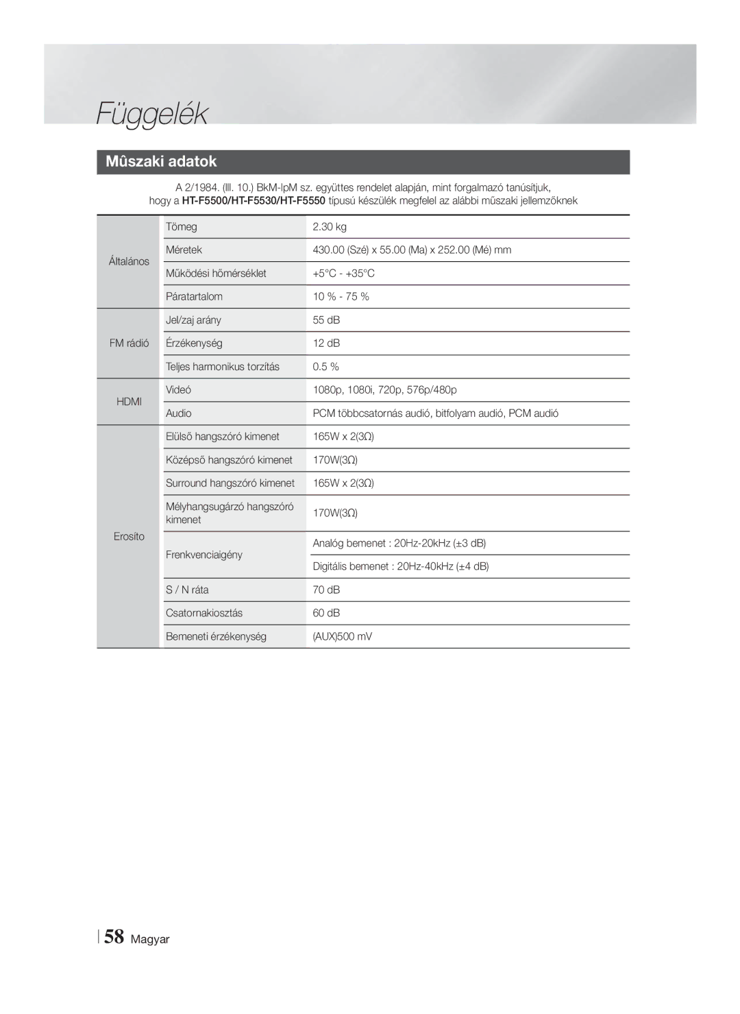 Samsung HT-F5530/EN, HT-F5500/EN, HT-F5550/EN manual Mûszaki adatok 