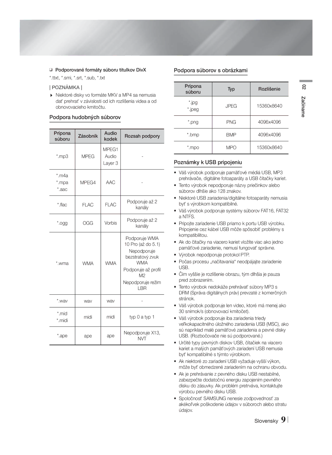 Samsung HT-F5500/EN, HT-F5530/EN manual Podpora hudobných súborov, Podpora súborov s obrázkami, Poznámky k USB pripojeniu 