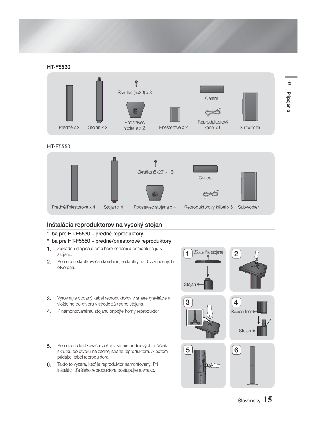 Samsung HT-F5500/EN manual Inštalácia reproduktorov na vysoký stojan, Centre Predné x Stojan x Podstavec Priestorové x 