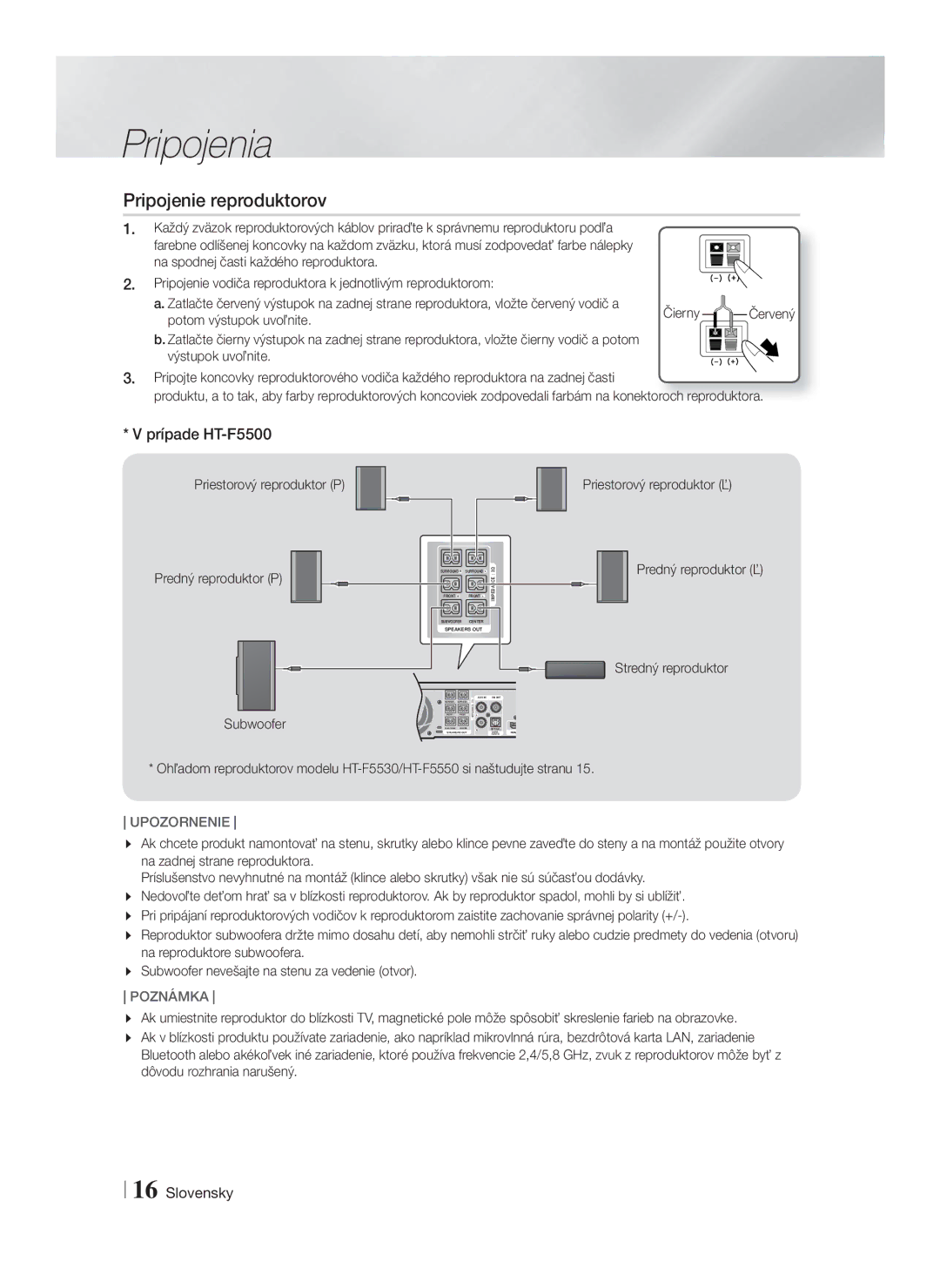 Samsung HT-F5530/EN, HT-F5500/EN, HT-F5550/EN Pripojenie reproduktorov, Prípade HT-F5500, Čierny, Potom výstupok uvoľnite 