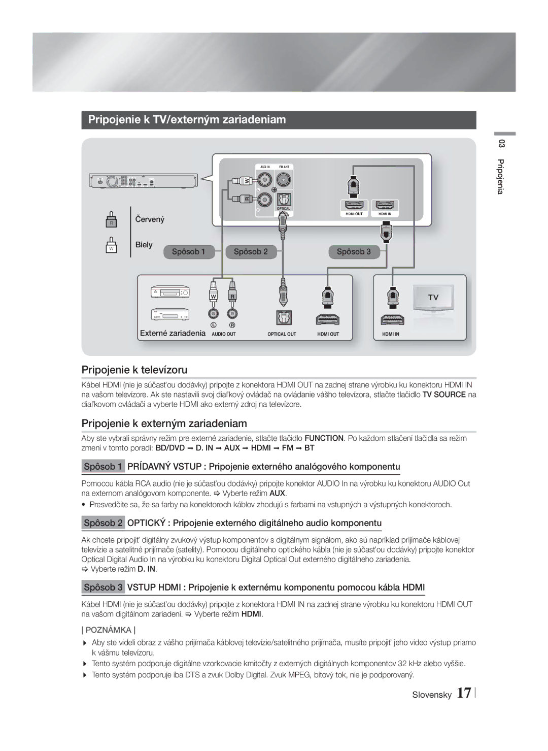 Samsung HT-F5550/EN manual Pripojenie k TV/externým zariadeniam, Pripojenie k televízoru, Pripojenie k externým zariadeniam 