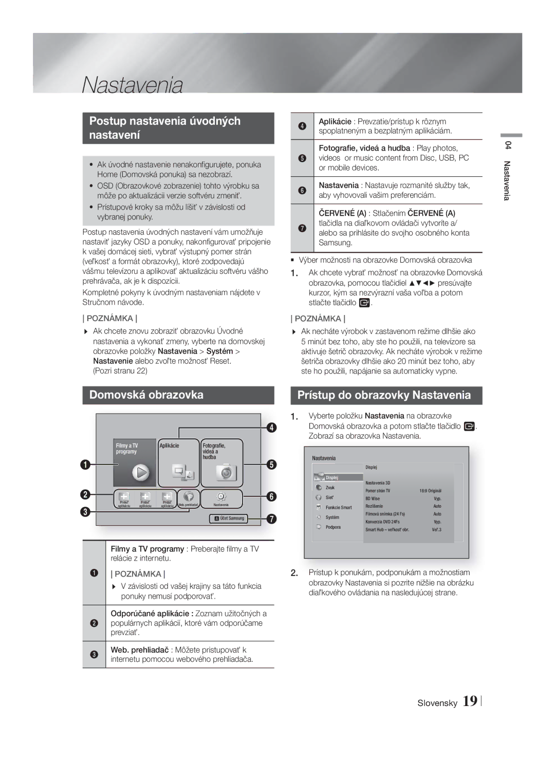 Samsung HT-F5530/EN, HT-F5500/EN, HT-F5550/EN manual Nastavenia, Postup nastavenia úvodných Nastavení, Domovská obrazovka 