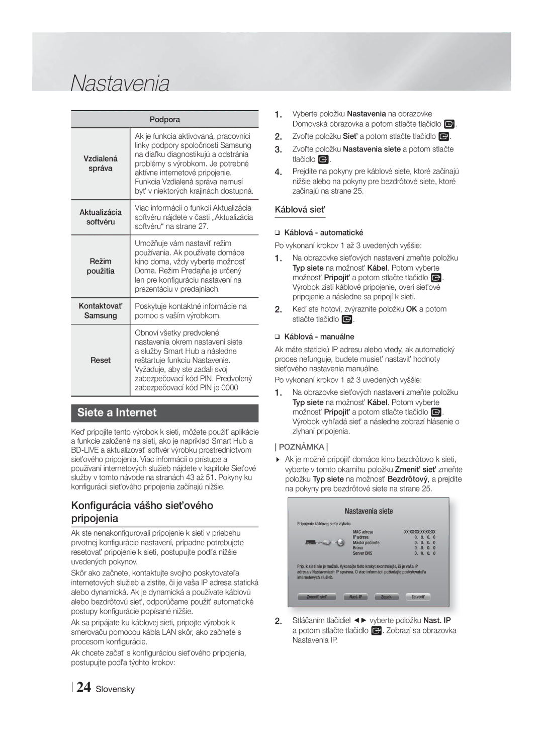 Samsung HT-F5500/EN, HT-F5530/EN, HT-F5550/EN manual Siete a Internet, Konfigurácia vášho sieťového pripojenia, Káblová sieť 