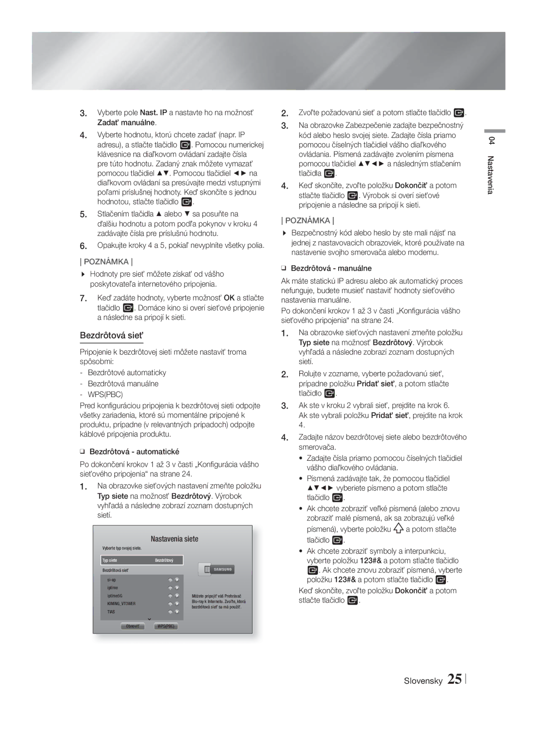 Samsung HT-F5530/EN, HT-F5500/EN, HT-F5550/EN manual Bezdrôtová sieť, Písmená, vyberte položku a potom stlačte tlačidlo E 