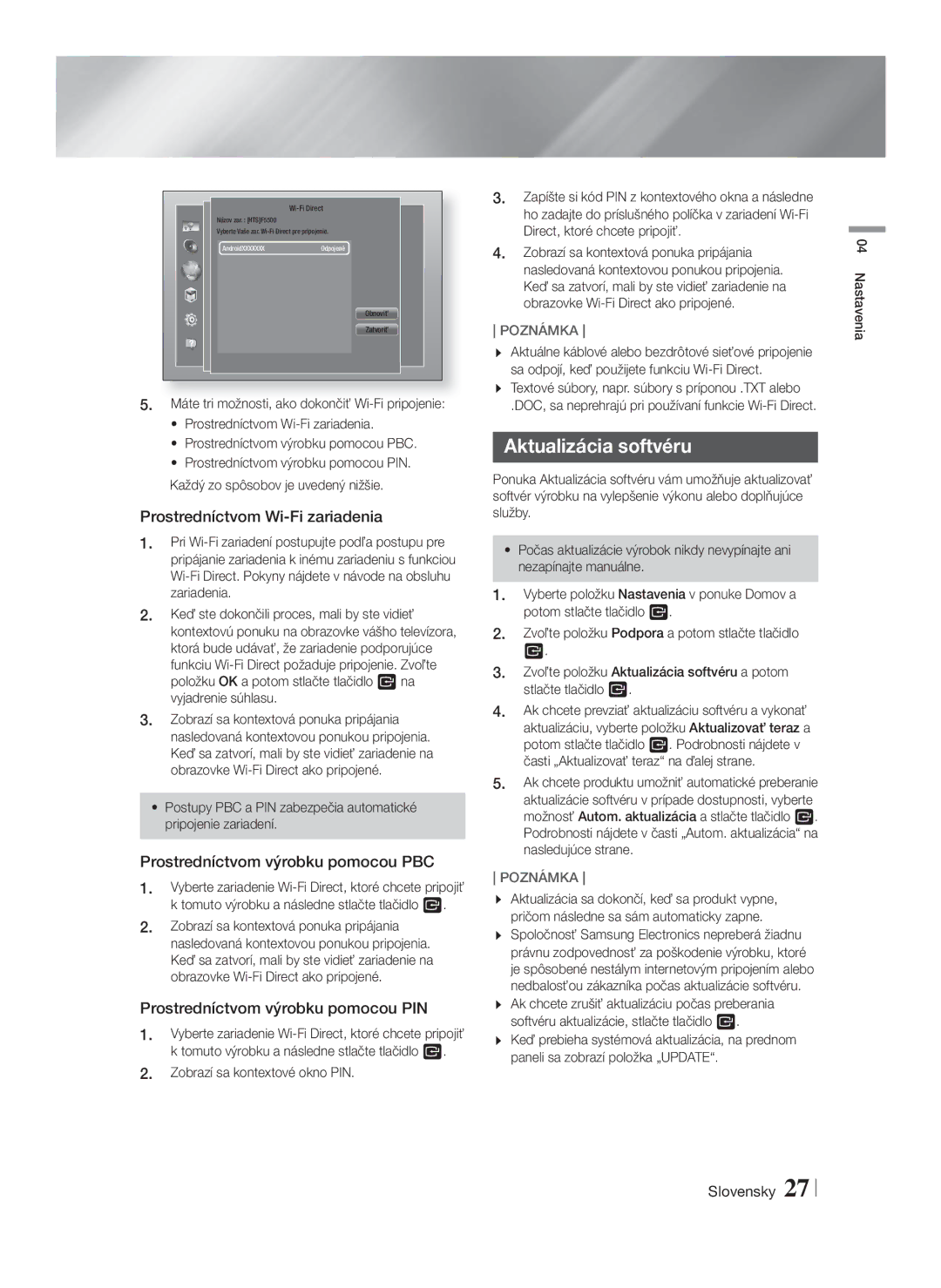 Samsung HT-F5500/EN manual Aktualizácia softvéru, Prostredníctvom Wi-Fi zariadenia, Prostredníctvom výrobku pomocou PBC 