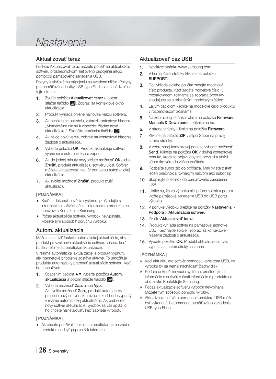 Samsung HT-F5530/EN, HT-F5500/EN, HT-F5550/EN manual Aktualizovať teraz, Autom. aktualizácia, Aktualizovať cez USB, Support 