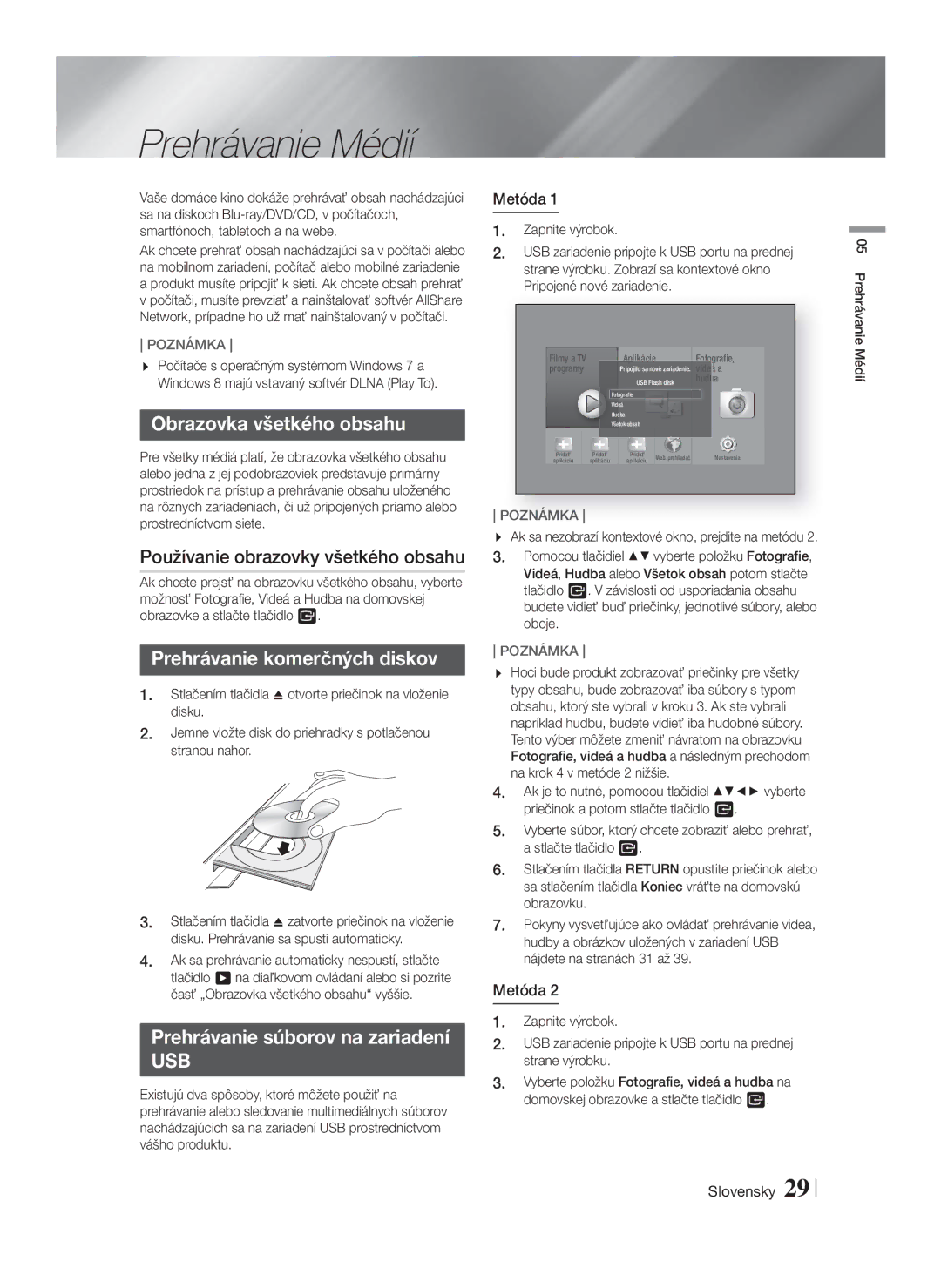 Samsung HT-F5550/EN, HT-F5500/EN manual Prehrávanie Médií, Obrazovka všetkého obsahu, Používanie obrazovky všetkého obsahu 