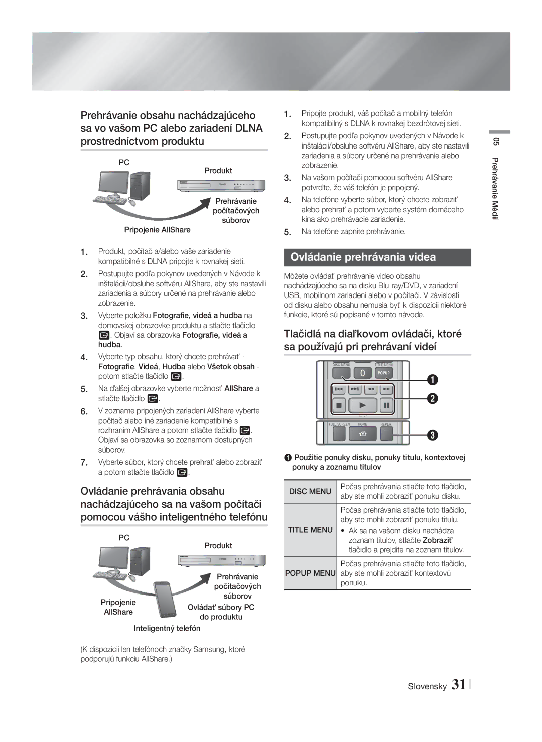 Samsung HT-F5530/EN, HT-F5500/EN, HT-F5550/EN manual Ovládanie prehrávania videa 