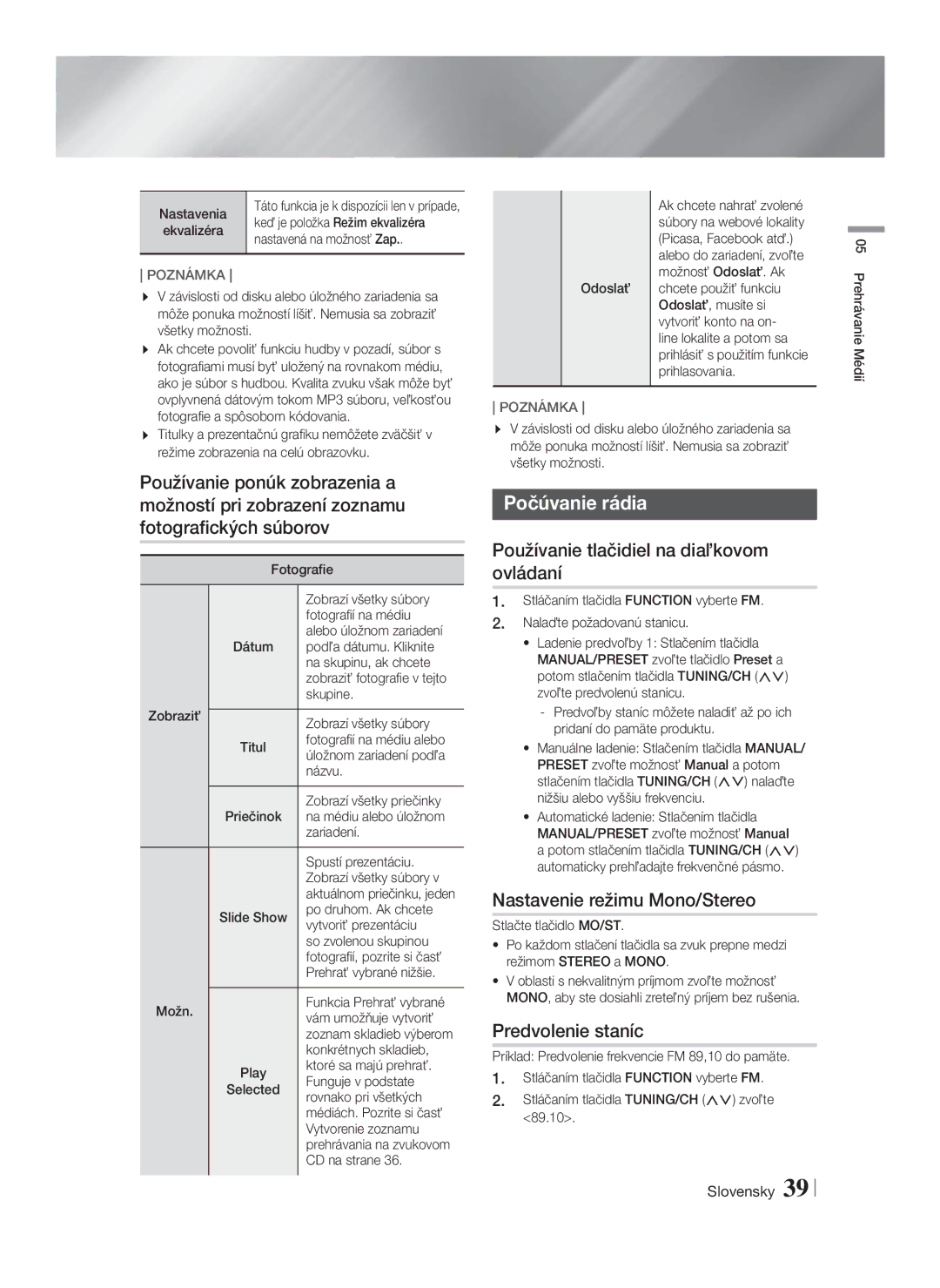 Samsung HT-F5500/EN manual Počúvanie rádia, Používanie tlačidiel na diaľkovom ovládaní, Nastavenie režimu Mono/Stereo 