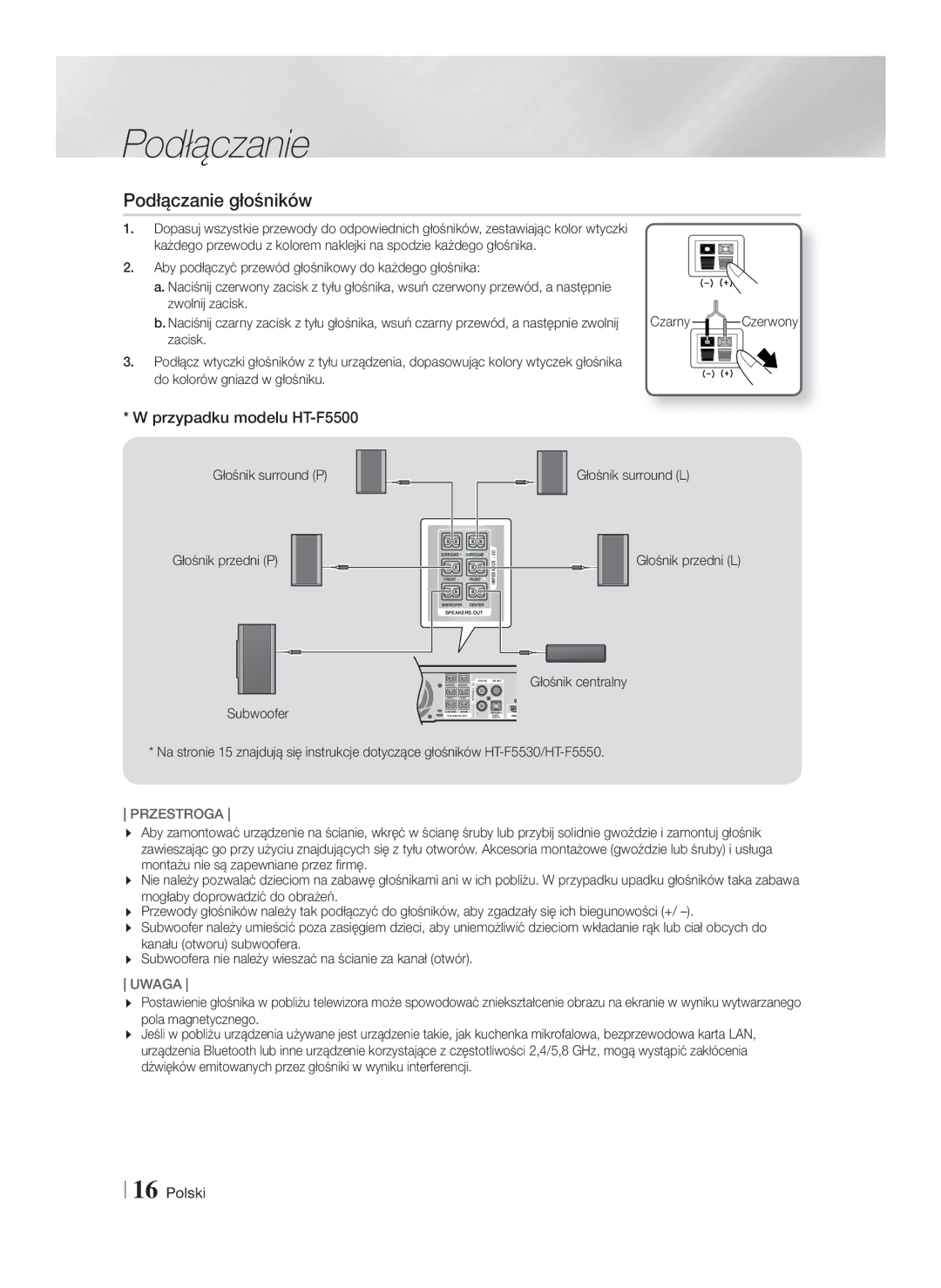 Samsung HT-F5530/EN manual Podłączanie głośników, Przypadku modelu HT-F5500, Głośnik surround P Głośnik przedni P Subwoofer 