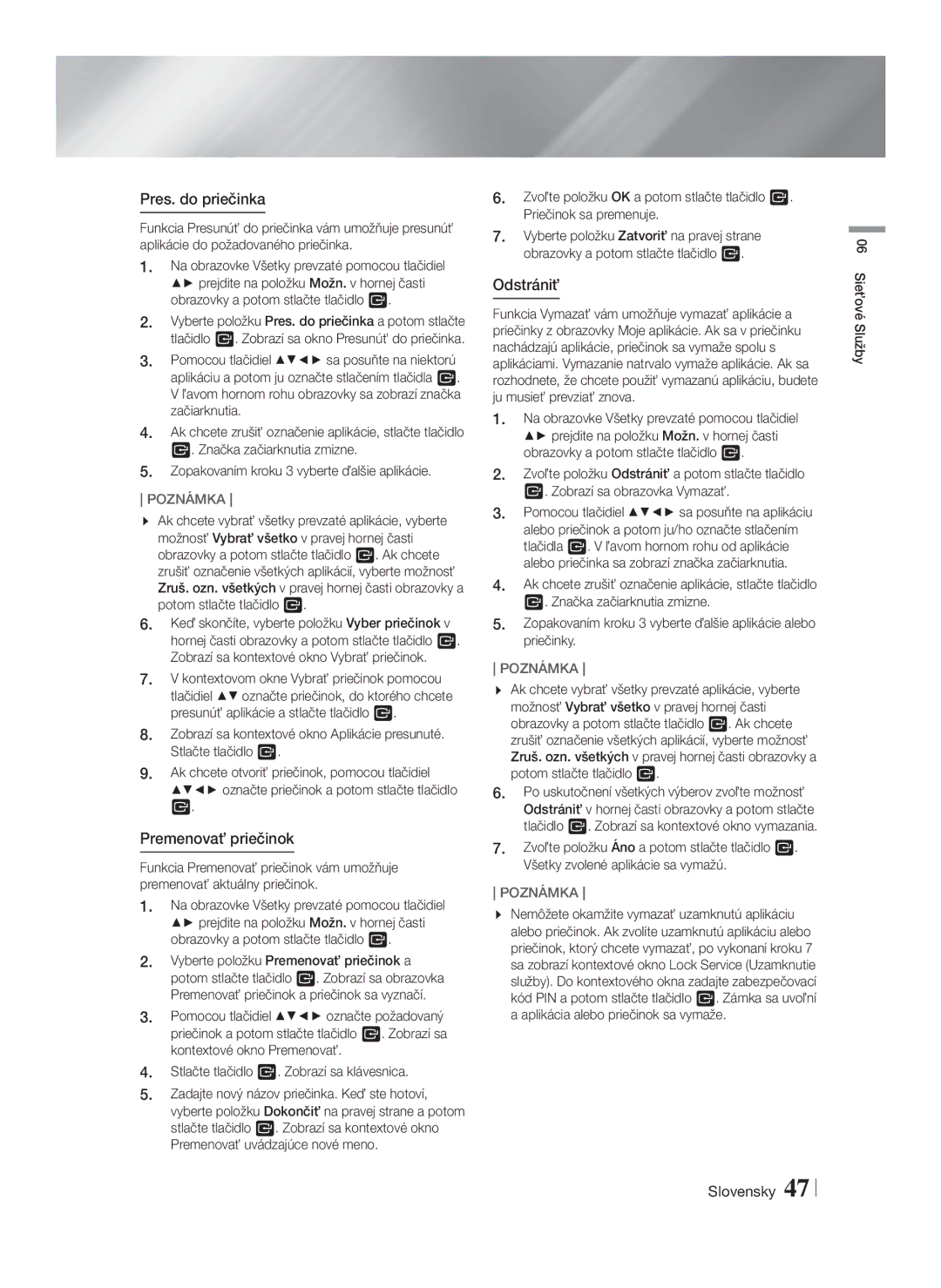 Samsung HT-F5550/EN, HT-F5500/EN, HT-F5530/EN manual Pres. do priečinka, Premenovať priečinok, Odstrániť 