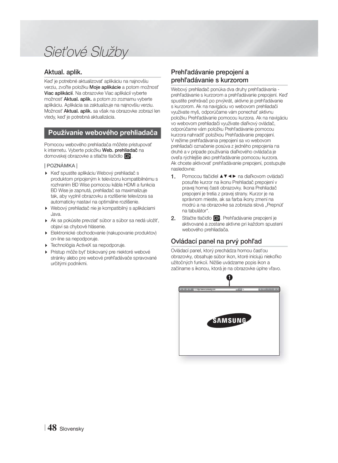 Samsung HT-F5500/EN, HT-F5530/EN manual Používanie webového prehliadača, Prehľadávanie prepojení a prehľadávanie s kurzorom 