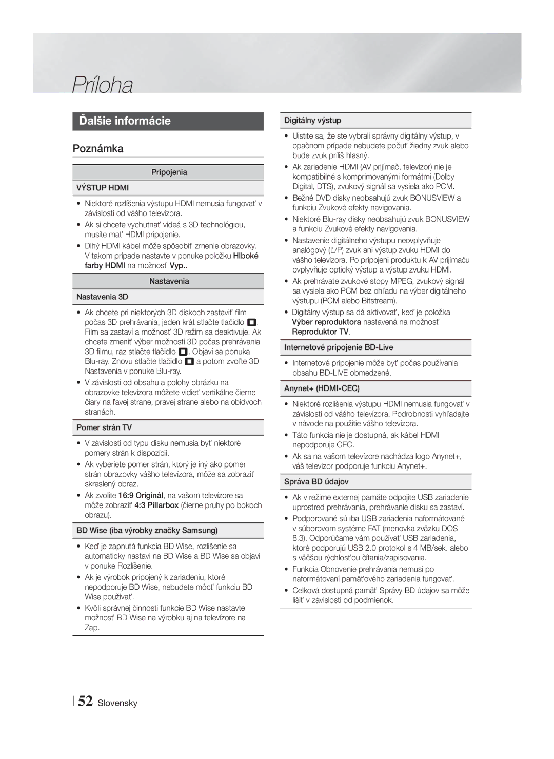 Samsung HT-F5530/EN, HT-F5500/EN, HT-F5550/EN manual Príloha, Ďalšie informácie, Poznámka, Výstup Hdmi 