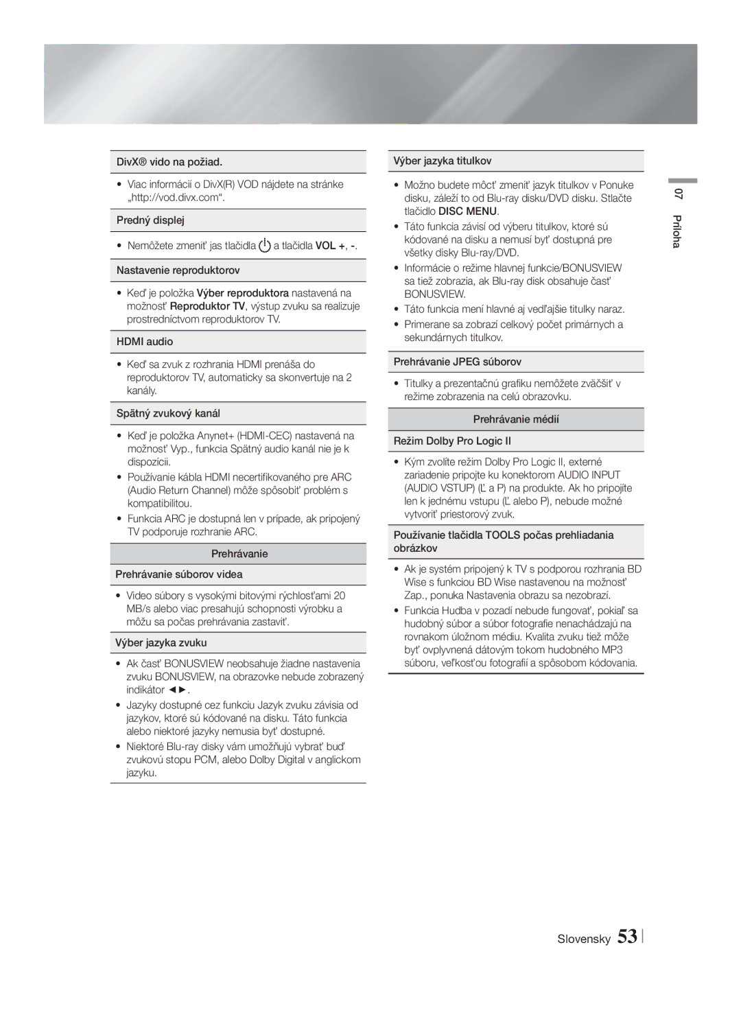 Samsung HT-F5550/EN, HT-F5500/EN, HT-F5530/EN manual Bonusview, 07 Príloha 