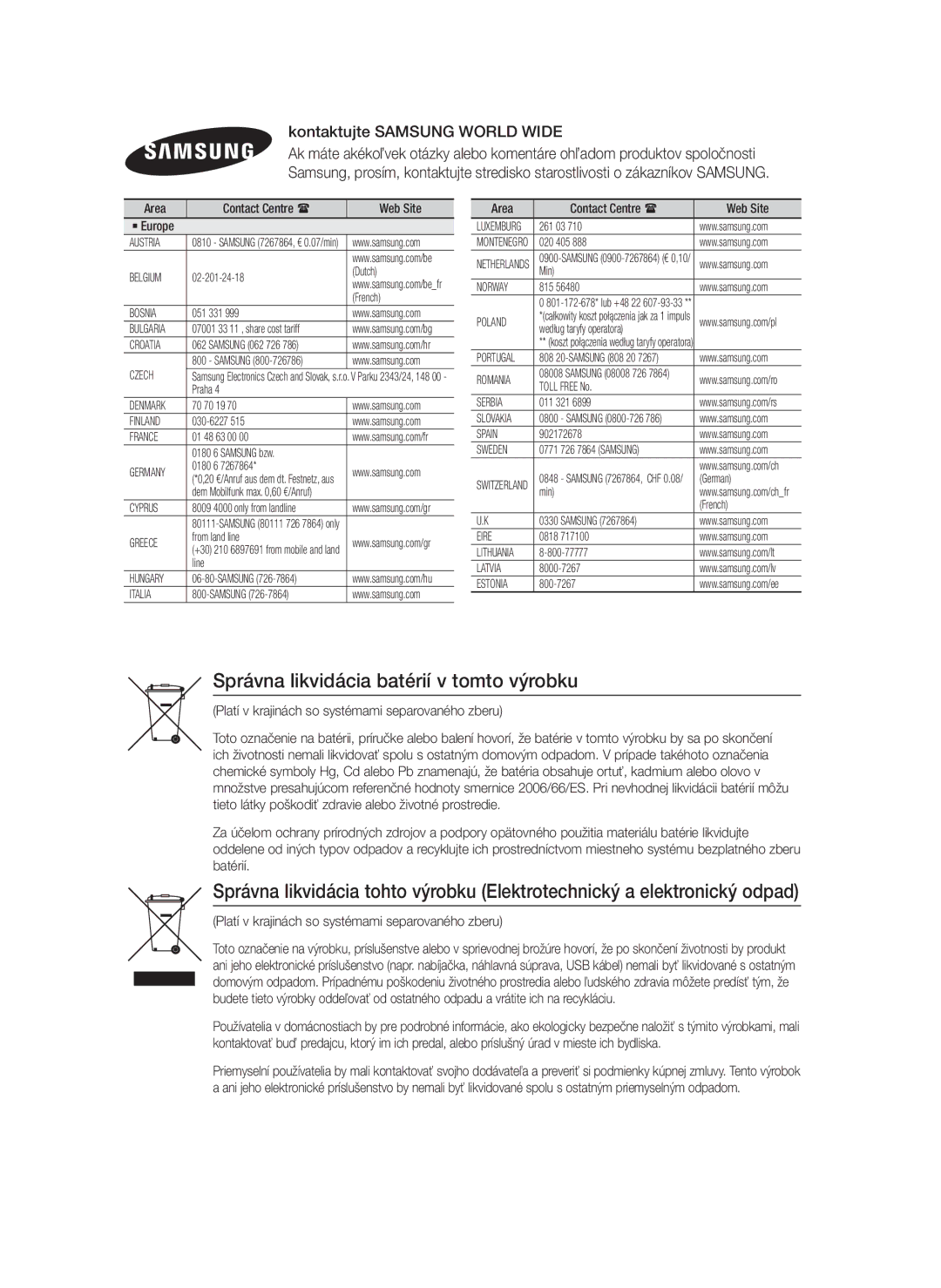 Samsung HT-F5500/EN, HT-F5530/EN, HT-F5550/EN Správna likvidácia batérií v tomto výrobku, Kontaktujte Samsung World Wide 