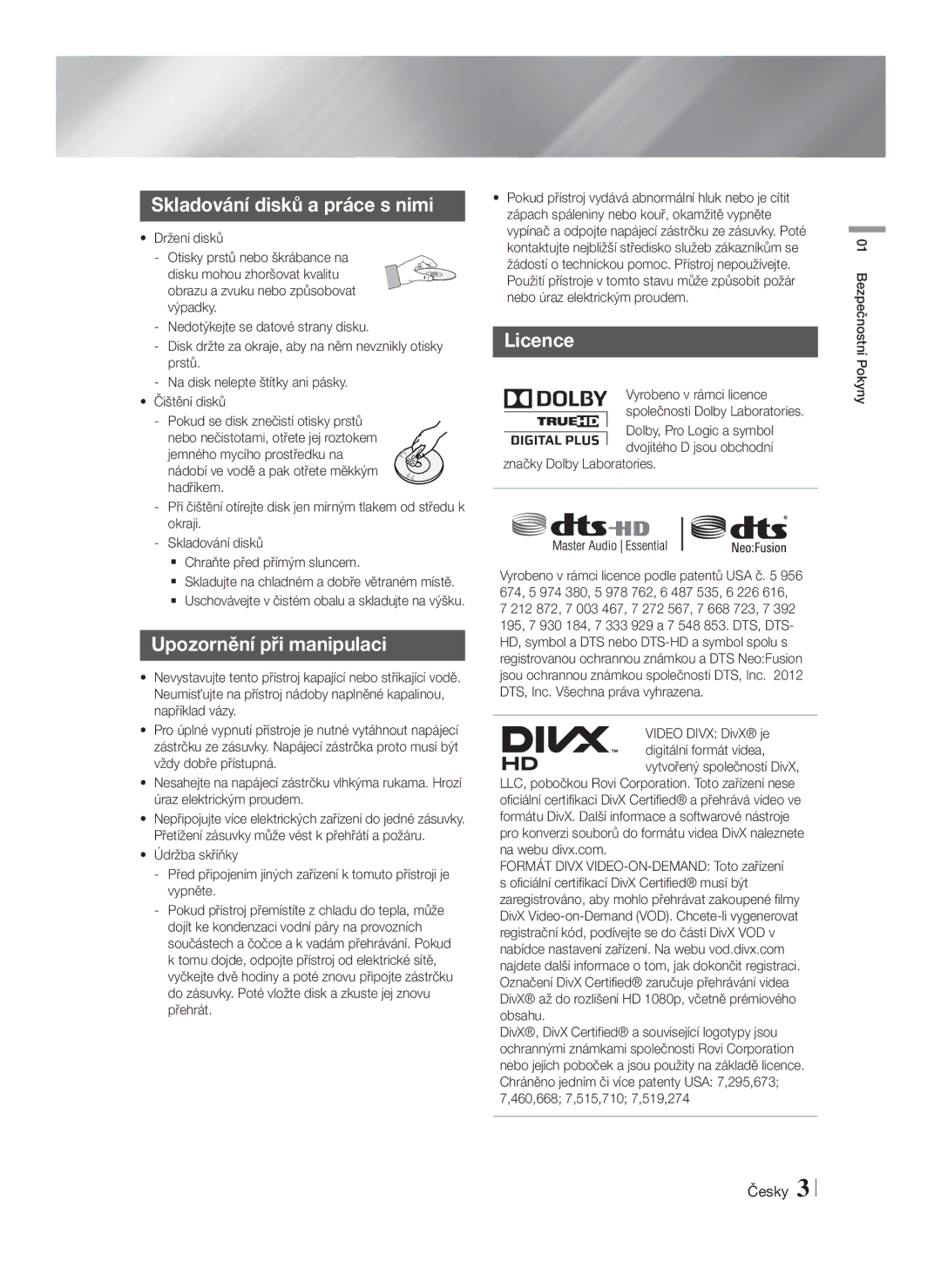 Samsung HT-F5500/EN manual Skladování disků a práce s nimi, Upozornění při manipulaci, Licence, Značky Dolby Laboratories 