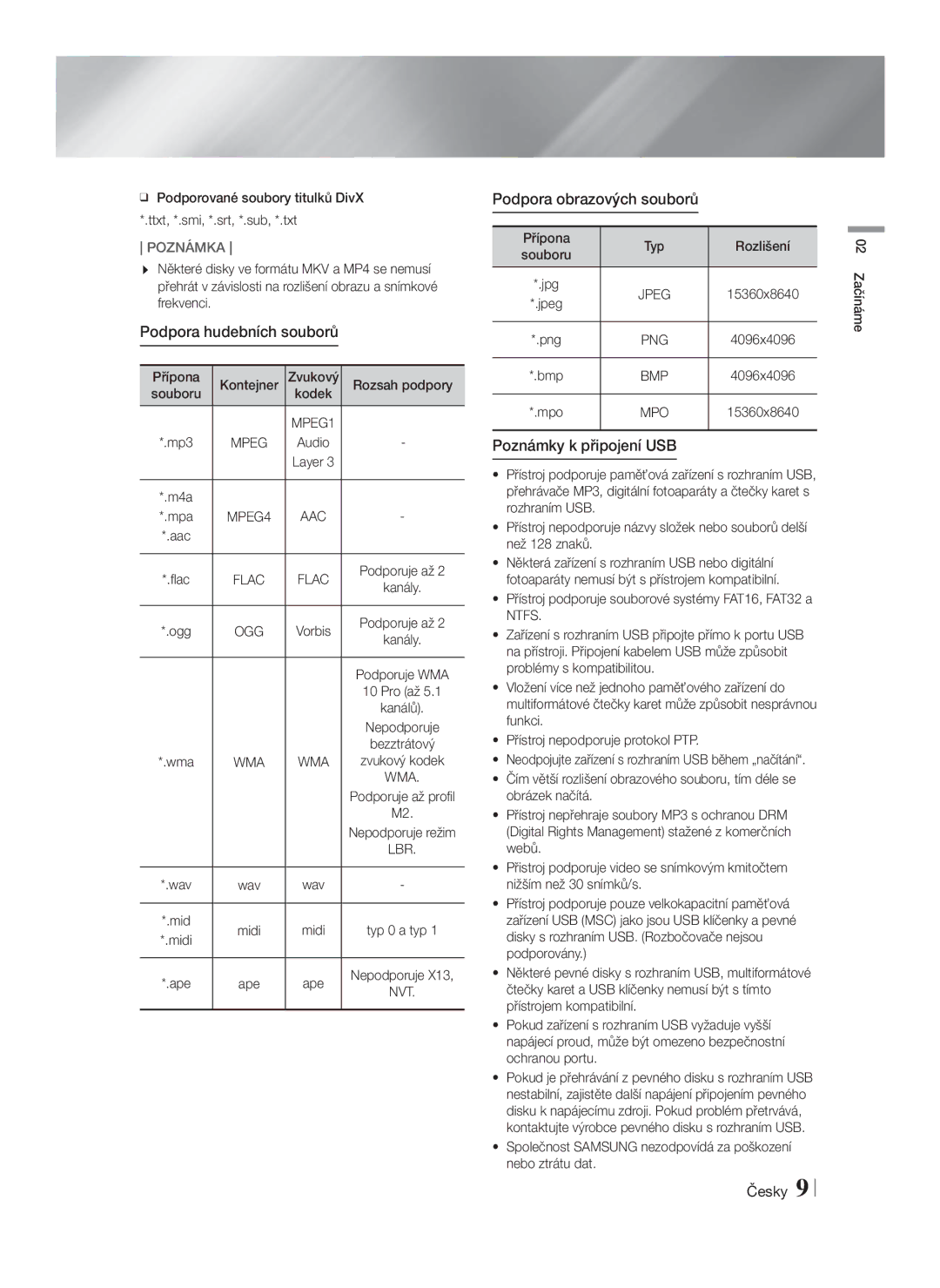 Samsung HT-F5500/EN, HT-F5530/EN manual Podpora hudebních souborů, Podpora obrazových souborů, Poznámky k připojení USB 