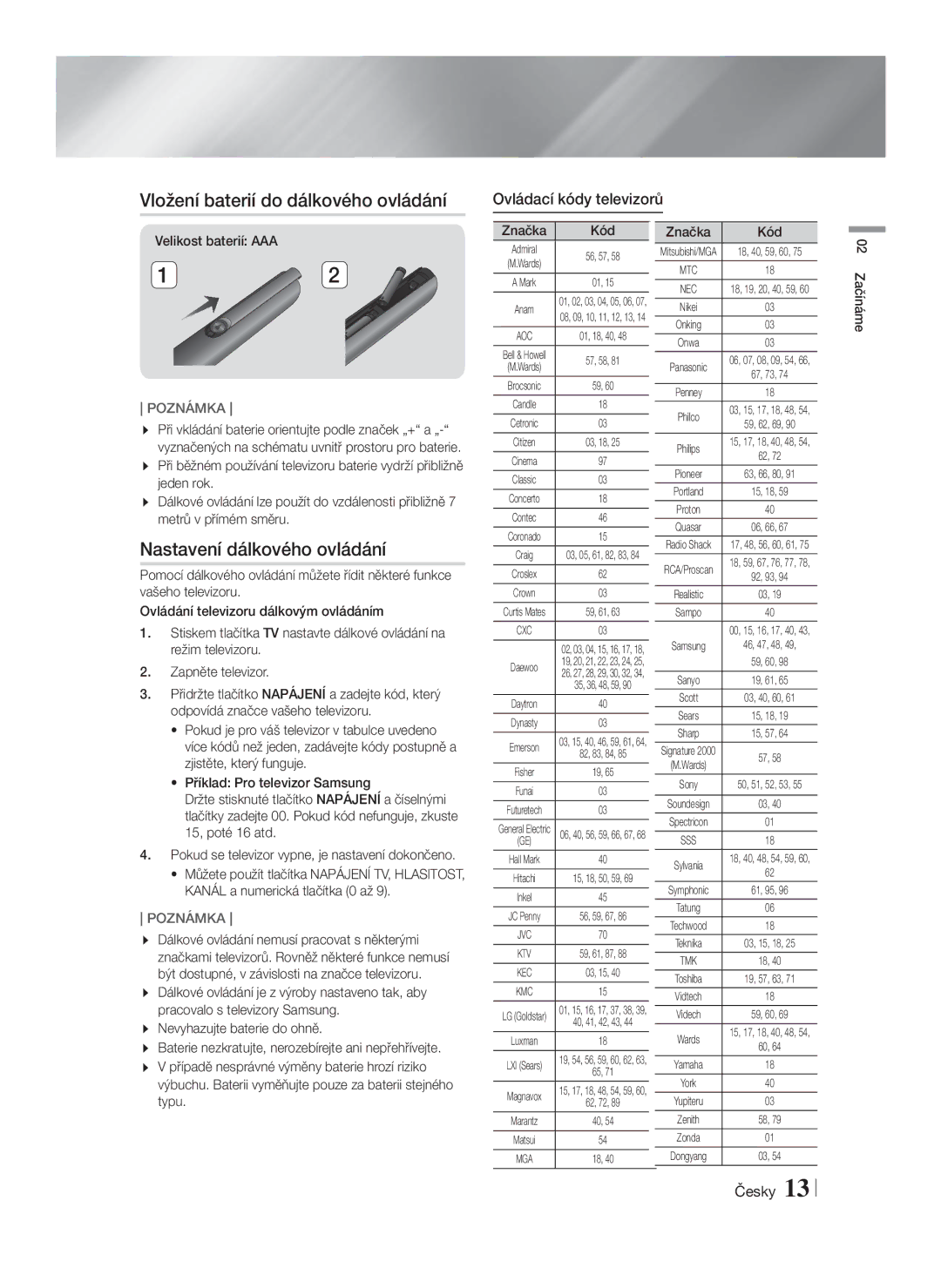 Samsung HT-F5530/EN manual Vložení baterií do dálkového ovládání, Nastavení dálkového ovládání, Ovládací kódy televizorů 