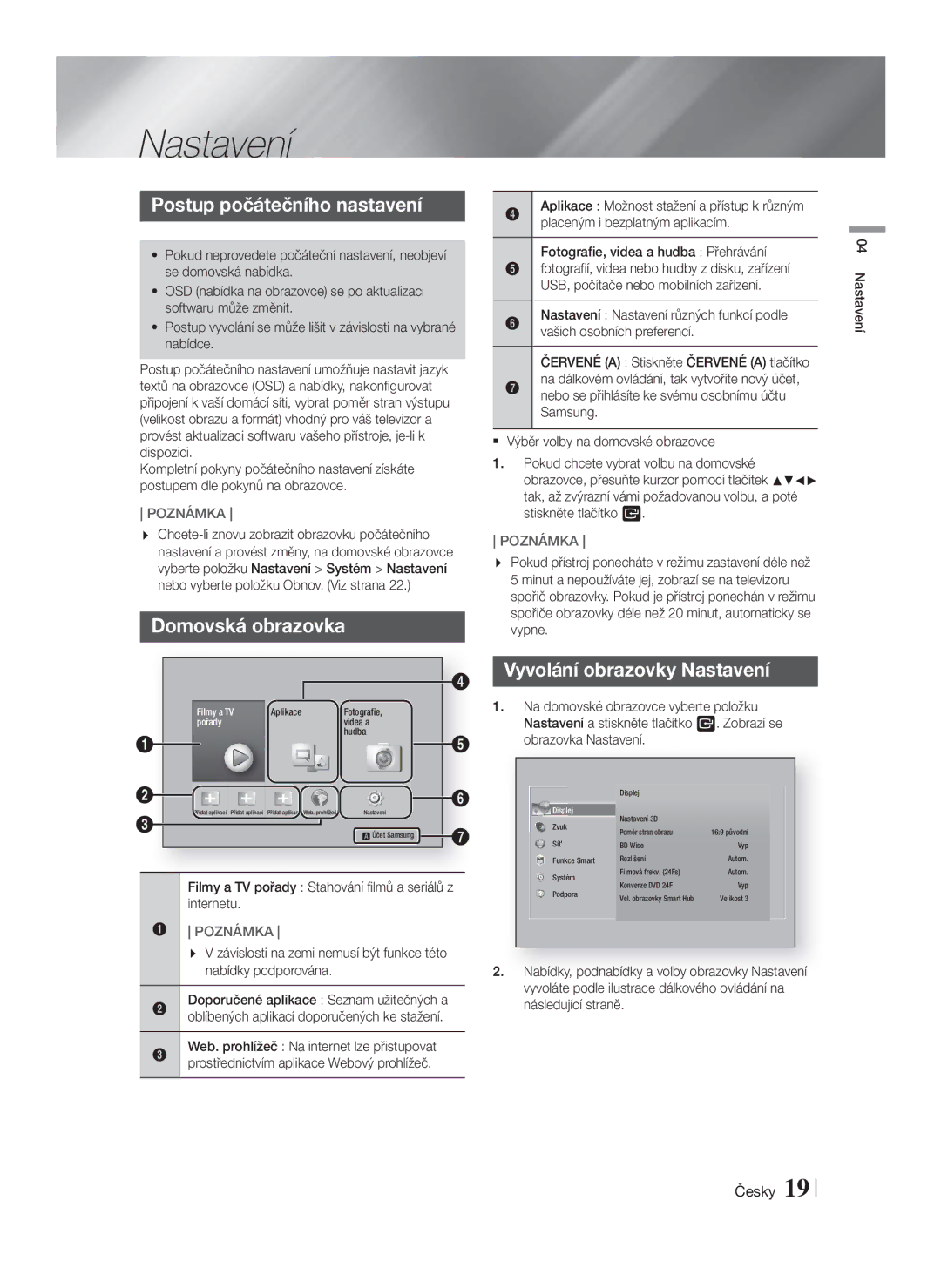 Samsung HT-F5530/EN, HT-F5500/EN, HT-F5550/EN manual Postup počátečního nastavení, Vyvolání obrazovky Nastavení 